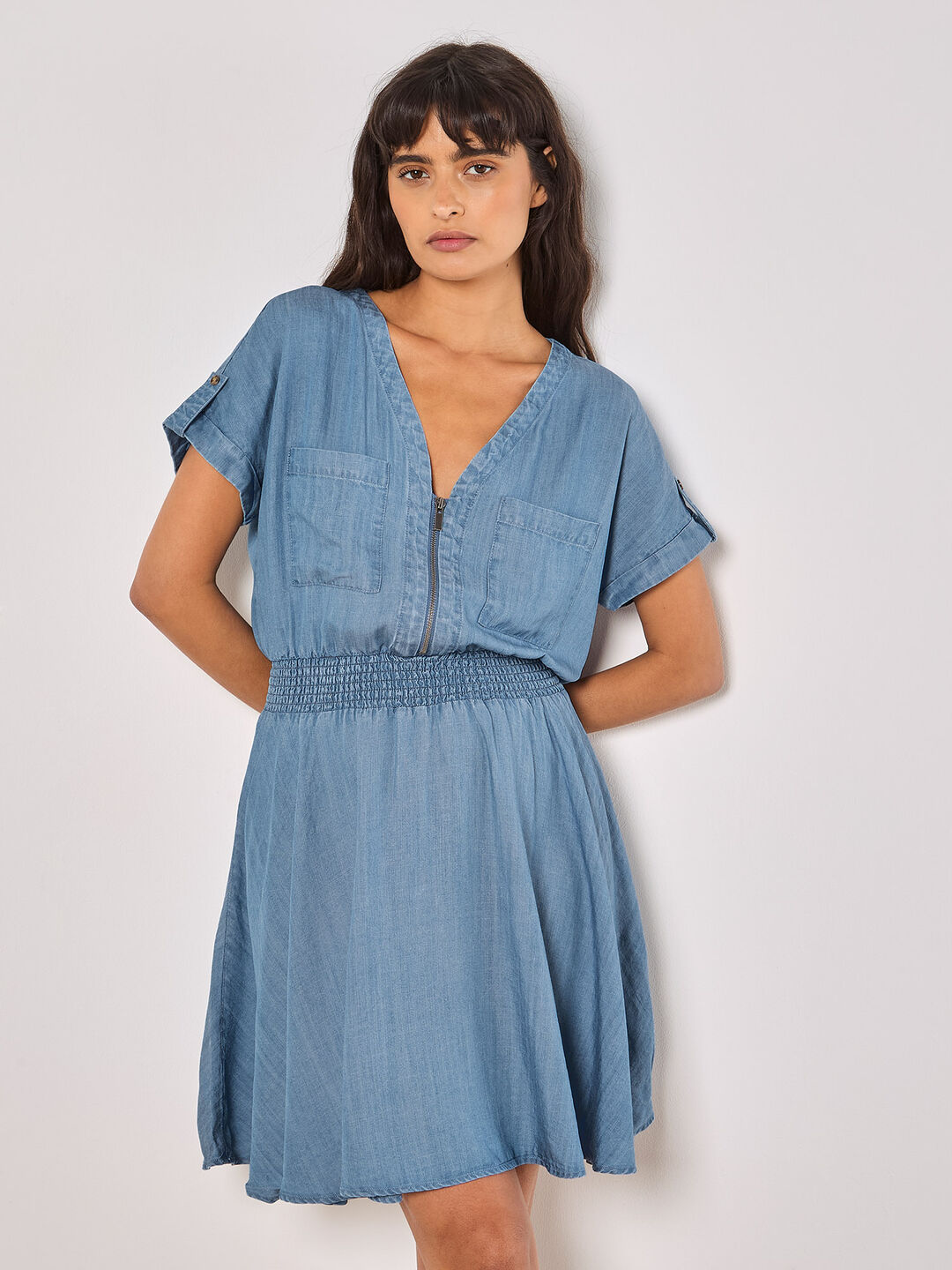 APRICOT - Denim Smocked Mini Dress - 964877 D - Boutique Bubbles
