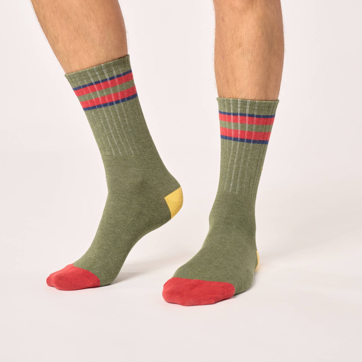 Retro combed cotton socks - Khaki, Red and Blue Striped