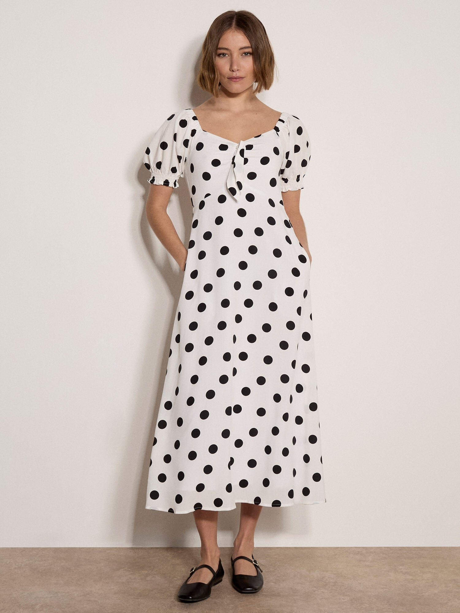 APRICOT - Apricot Polka Dot A - Line Midi Dress - X181681 - Boutique Bubbles