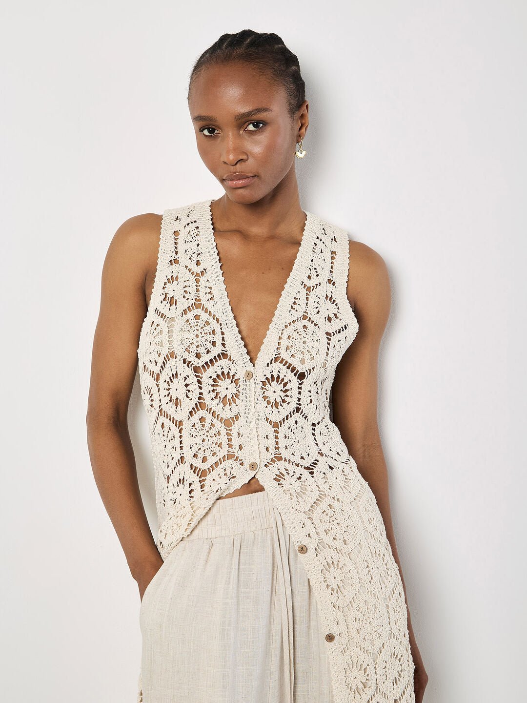 APRICOT - Crochet Longline Sleeveless Cardigan - 943605 - Boutique Bubbles
