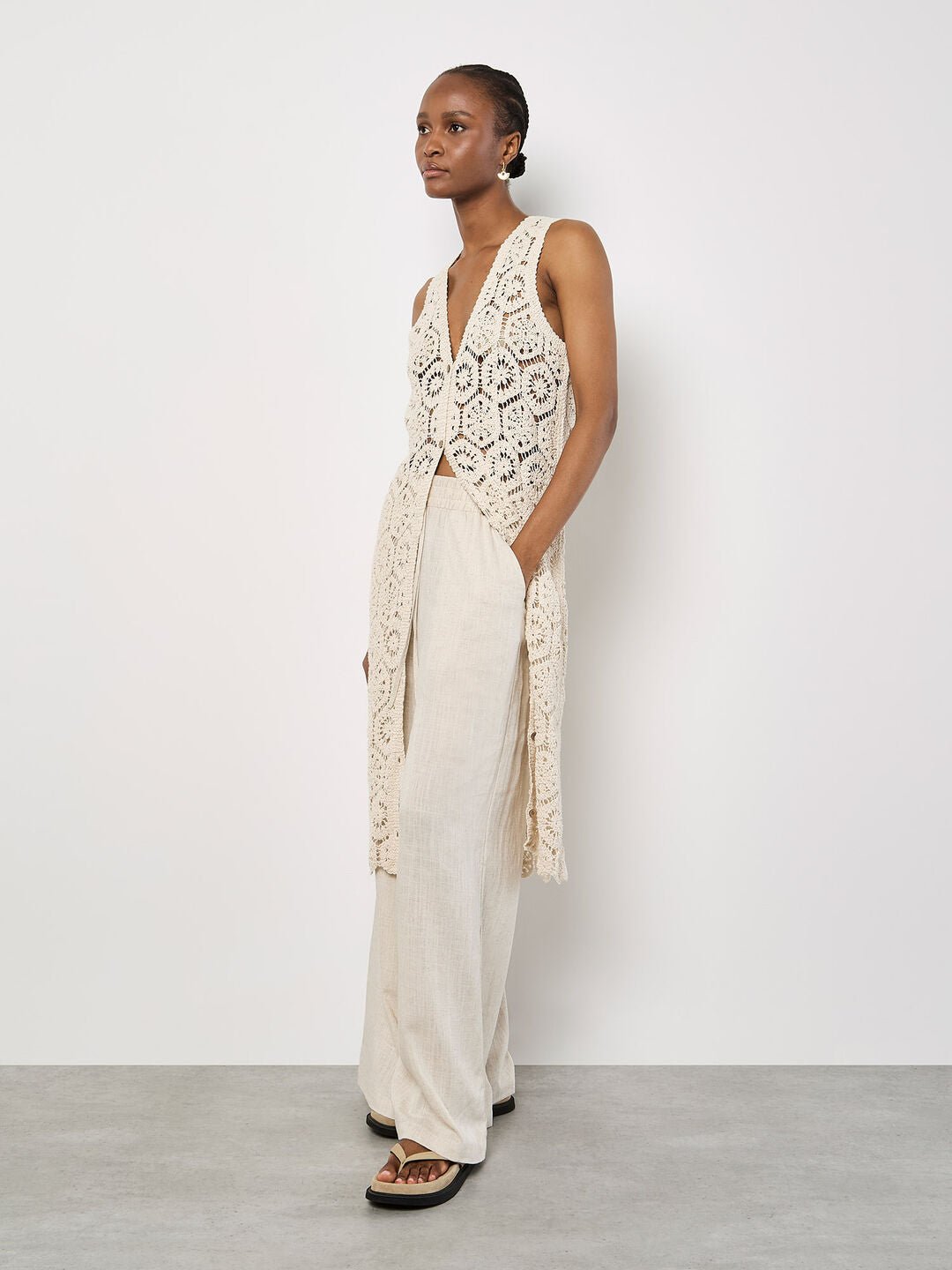 APRICOT - Crochet Longline Sleeveless Cardigan - 943605 - Boutique Bubbles