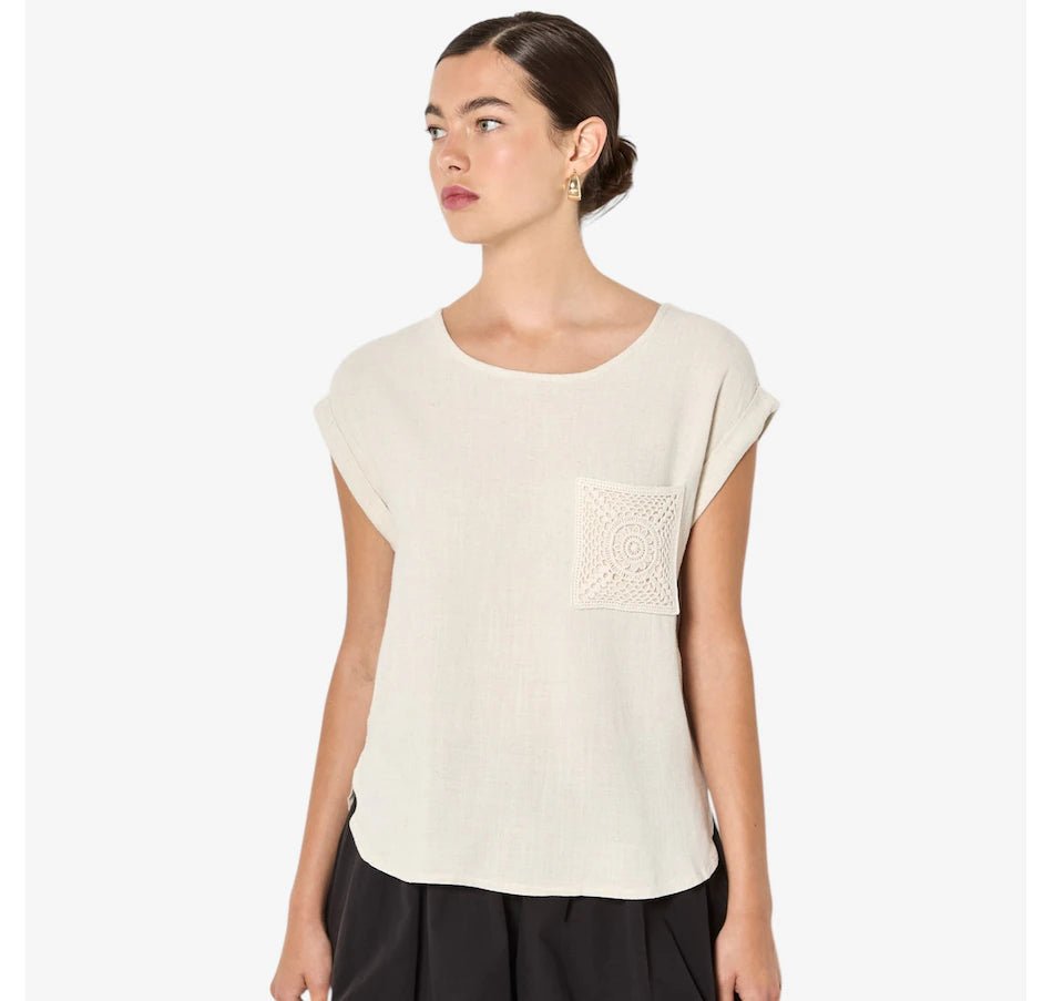 APRICOT - Crochet Pocket Turn Up T-Shirt - X190157 - Boutique Bubbles
