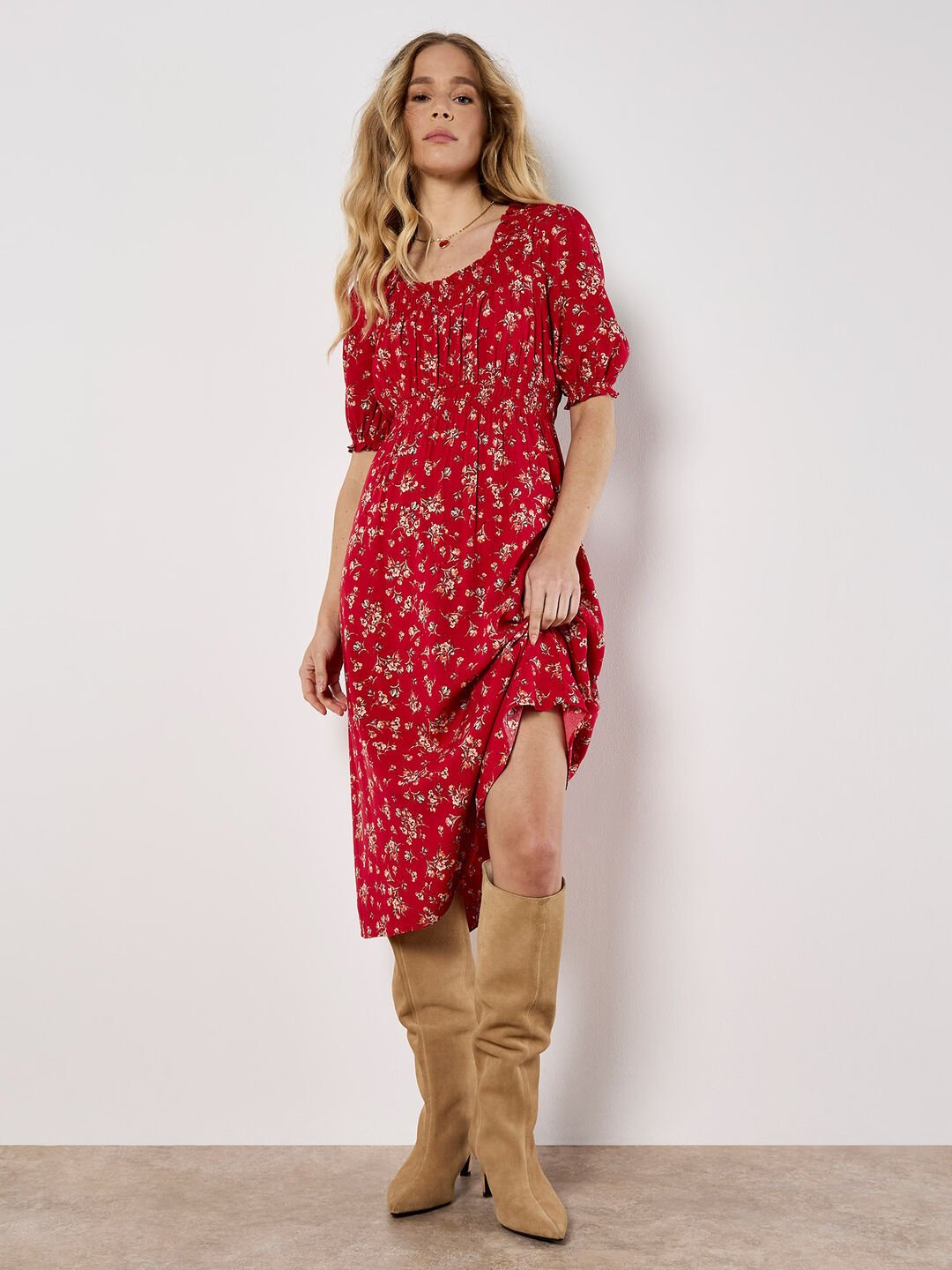 APRICOT - Ditsy Floral Milkmaid Midi Dress - 950146 - Boutique Bubbles