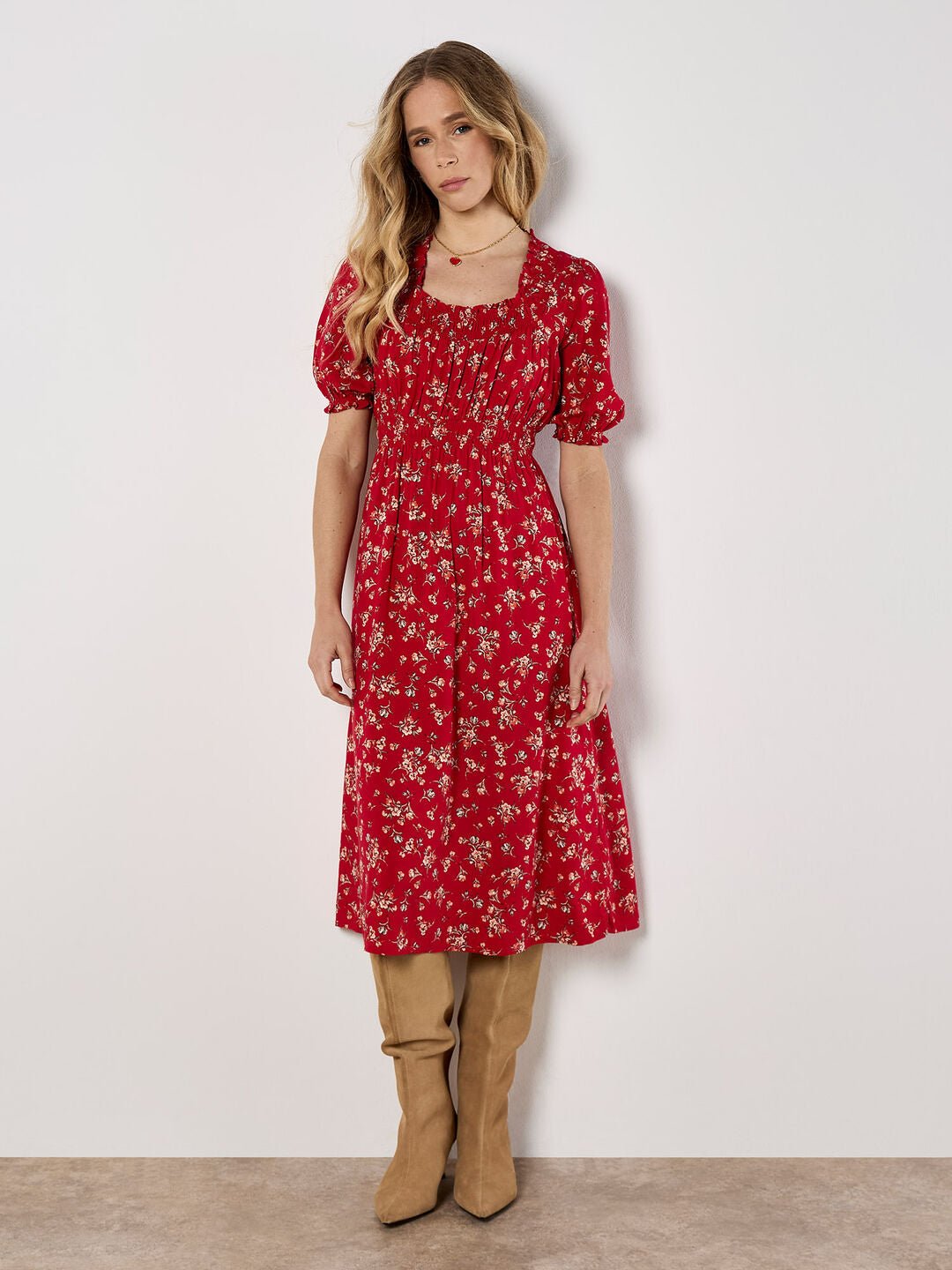 APRICOT - Ditsy Floral Milkmaid Midi Dress - 950146 - Boutique Bubbles