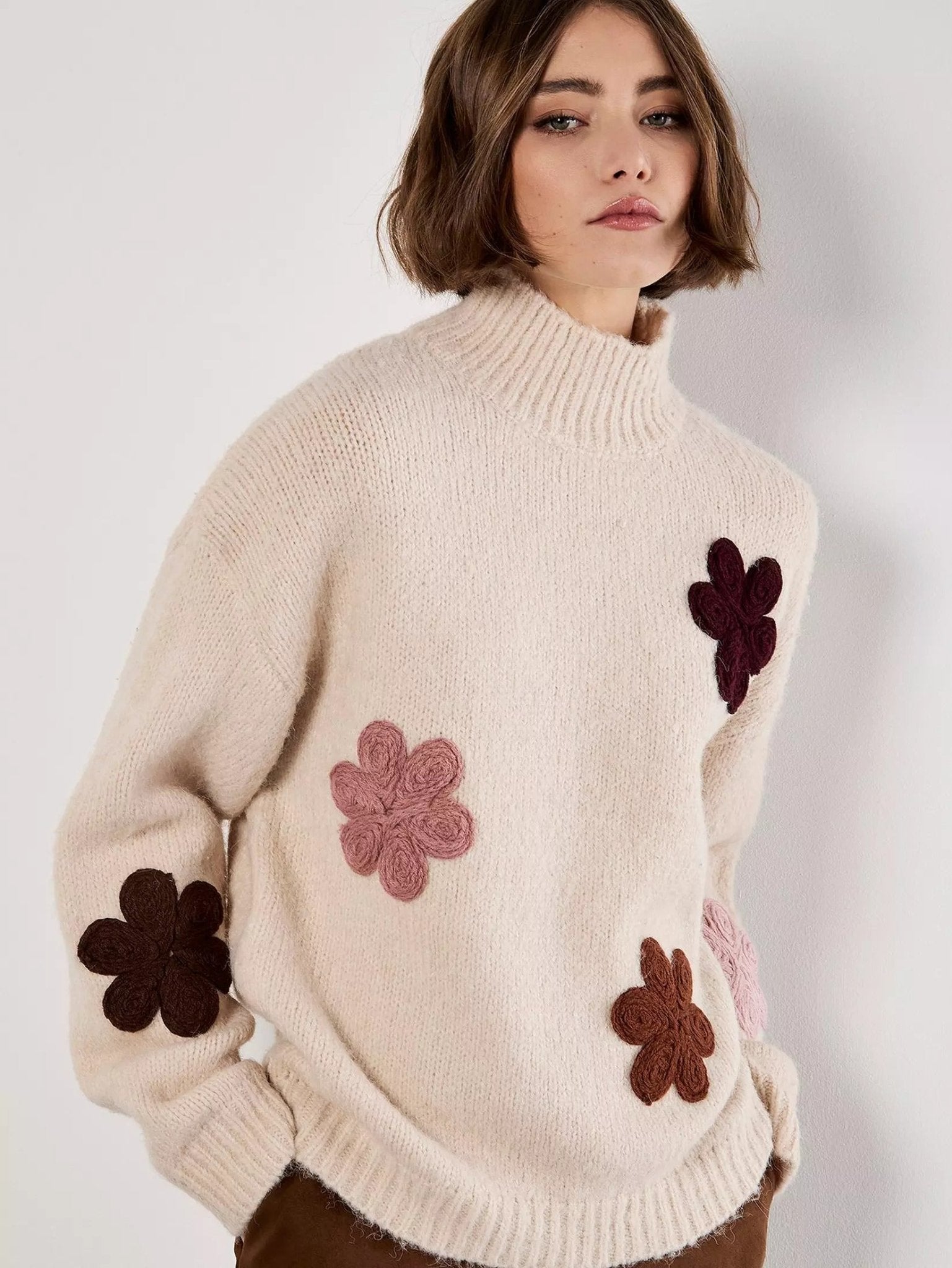 APRICOT - Embroidered Flower Mock Neck Jumper - X132676 - Boutique Bubbles