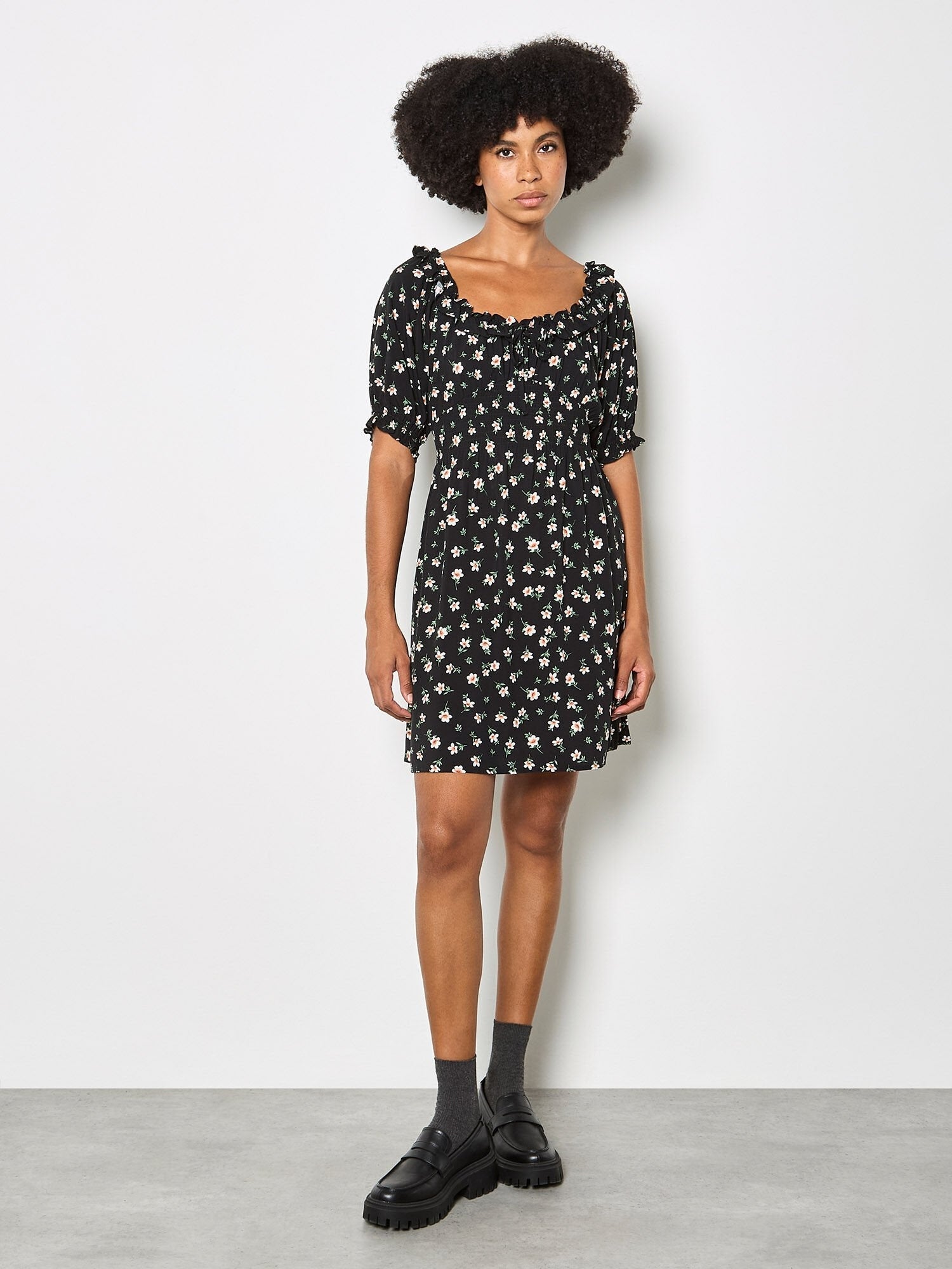 APRICOT - Floral Ruffle Milkmaid Mini Dress - X168156 - Boutique Bubbles