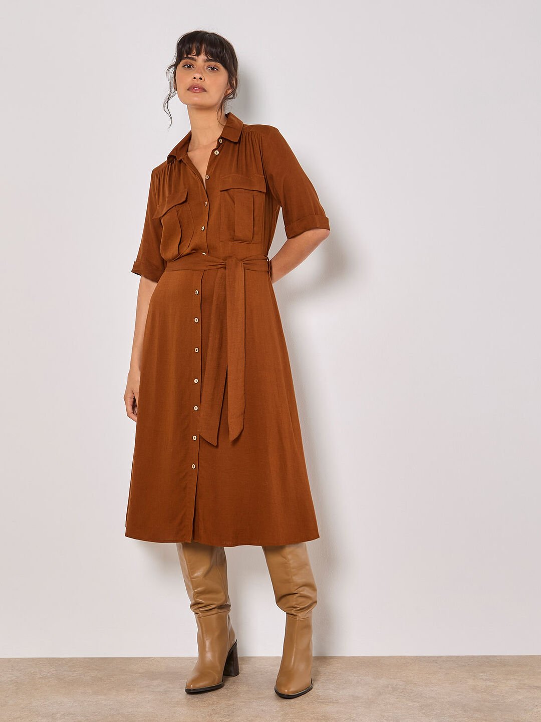 APRICOT - Linen Blend Utility Shirt Midi Dress - 942240 - Boutique Bubbles