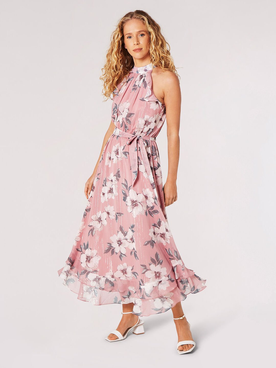 APRICOT - Painterly Floral Shimmer Midi Dress - 857278 - Boutique Bubbles