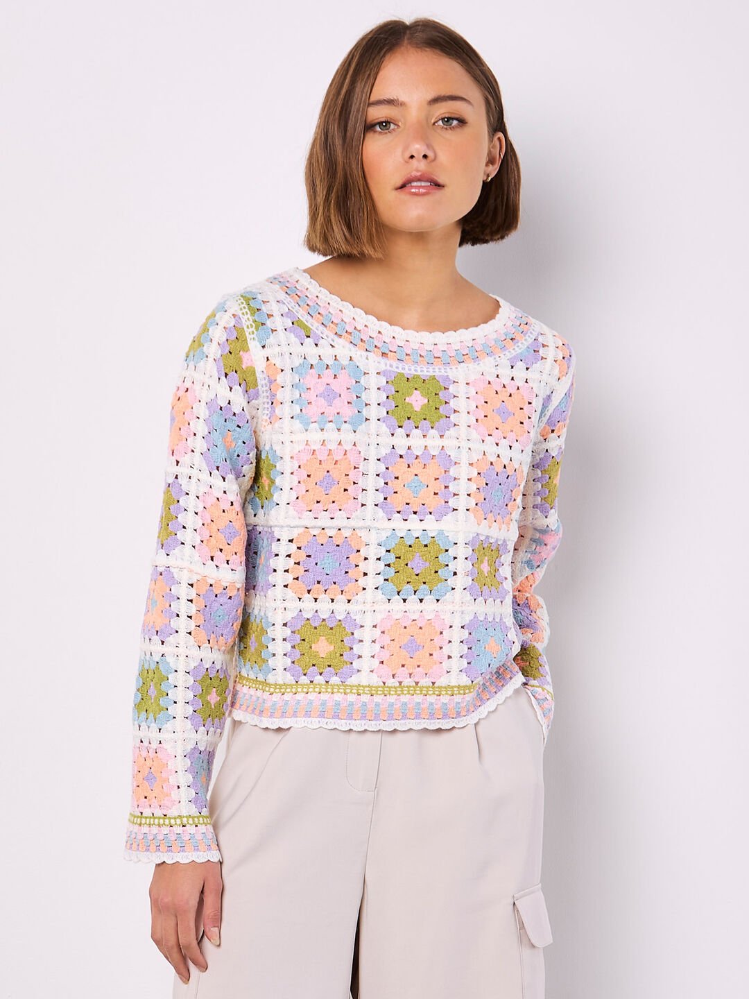 APRICOT - Pastel Crochet Squares Jumper - 943568 - Boutique Bubbles