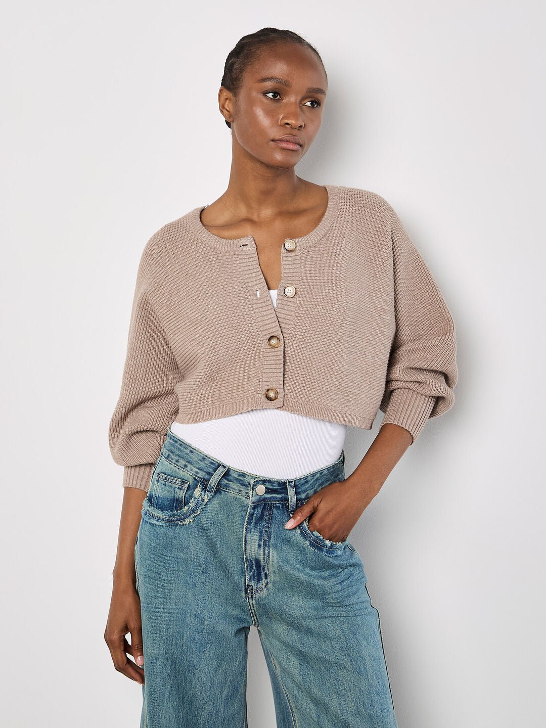 APRICOT - Ribbed Knit Cropped Cardigan - 943025 - Boutique Bubbles