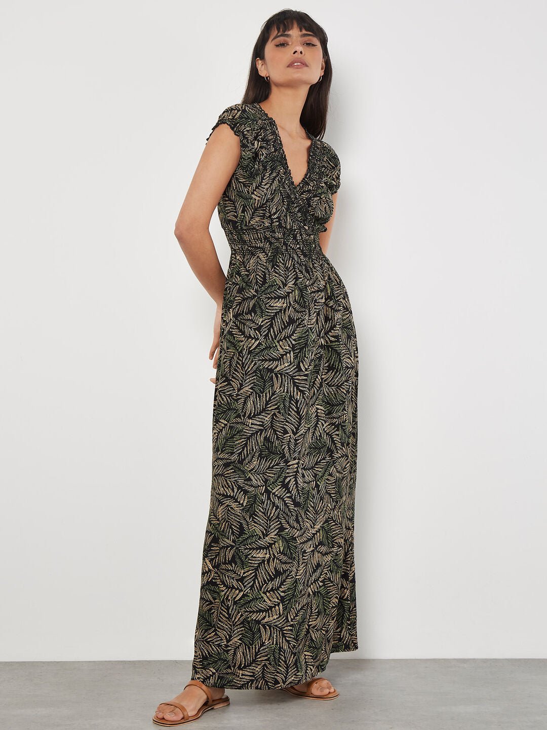APRICOT - Rustic Leaf Print Smocked Maxi Dress - 853959 - Boutique Bubbles