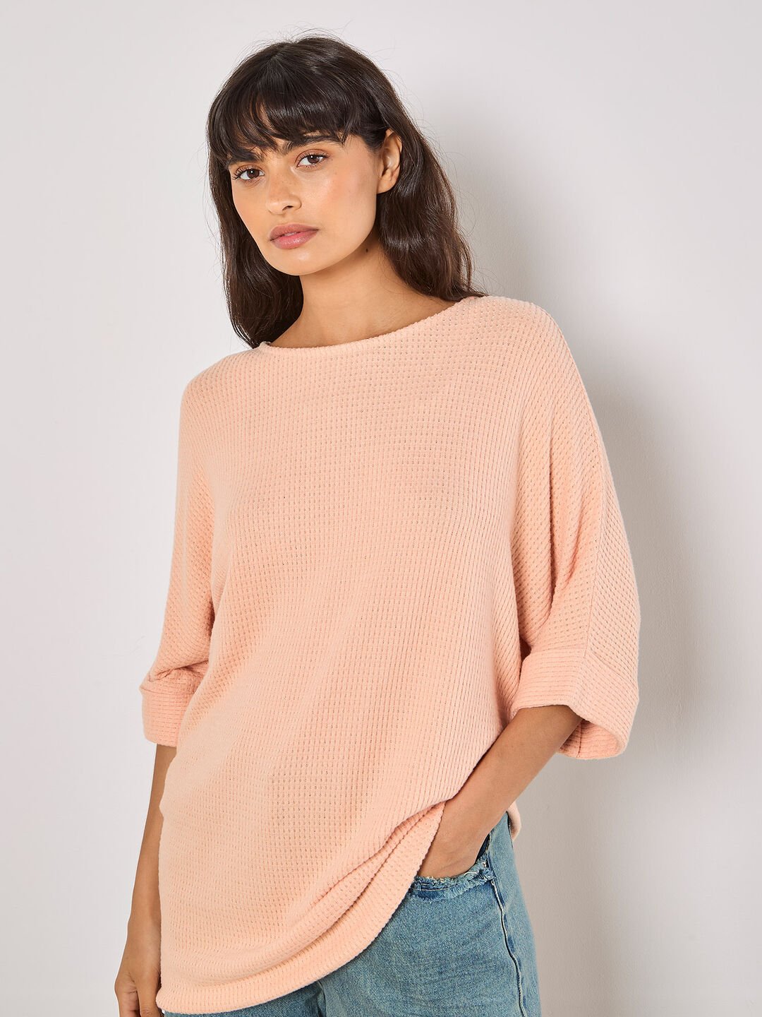 APRICOT - Soft - Touch Batwing Waffle Knit Top - 932807 - Boutique Bubbles