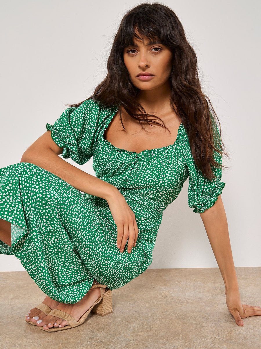 APRICOT - Spot Print Milkmaid Midi Dress - 950214 - Boutique Bubbles