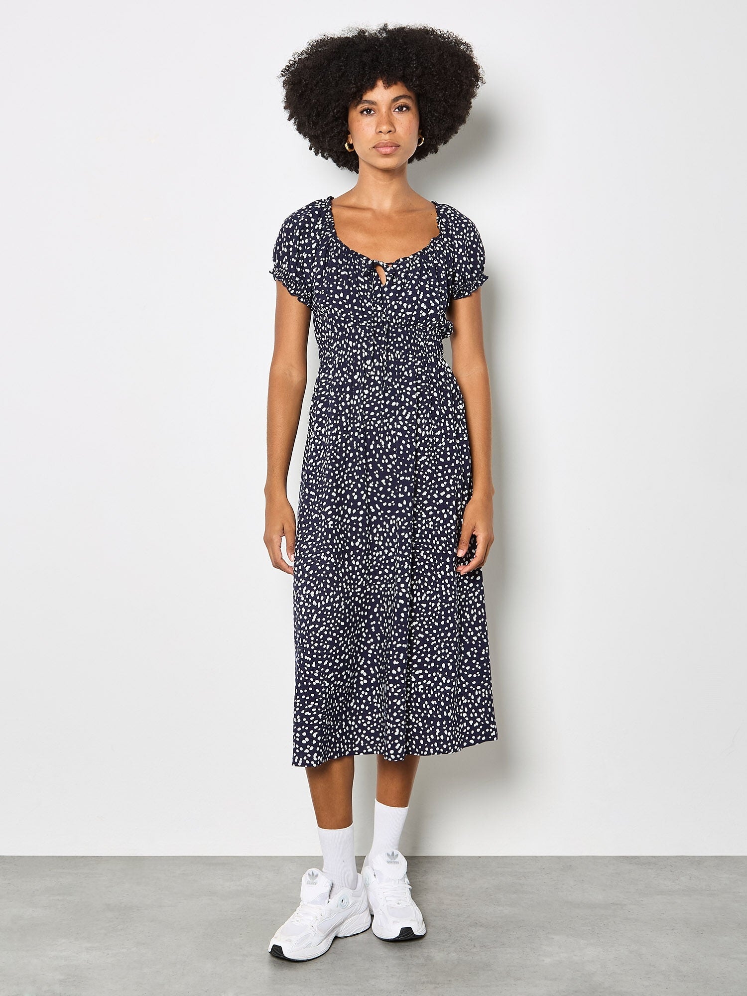 APRICOT - Spot Print Milkmaid Midi Dress - X172528 - Boutique Bubbles