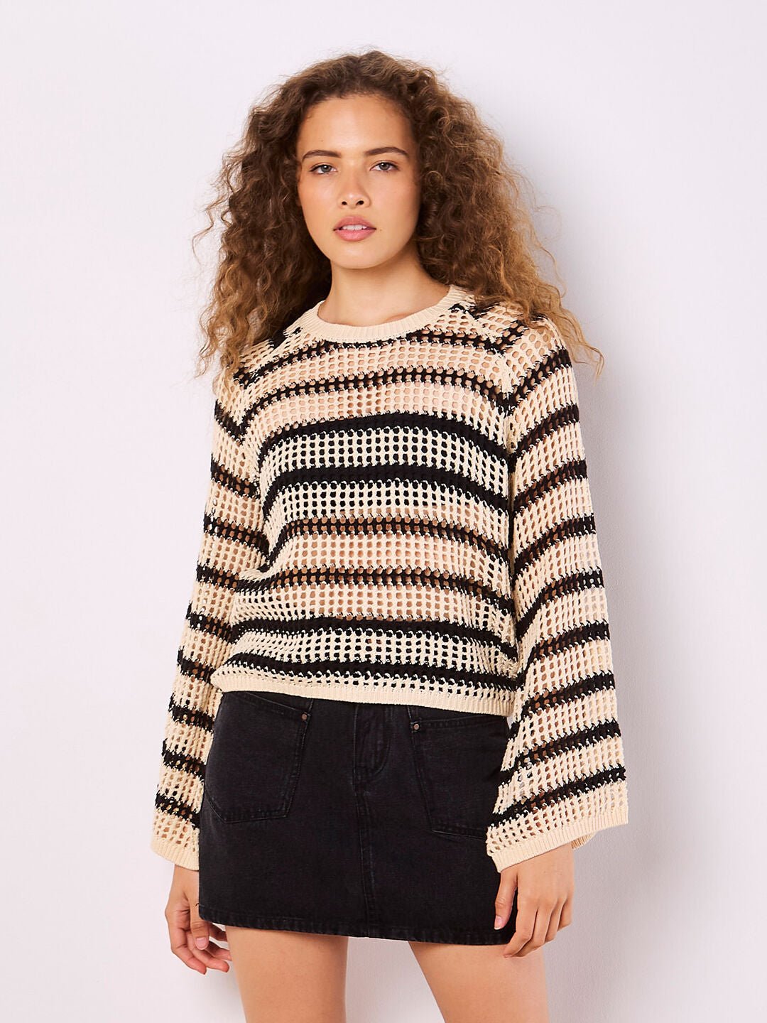 APRICOT - Stripe Mesh Knit Bell Sleeve Jumper - 943094 - Boutique Bubbles