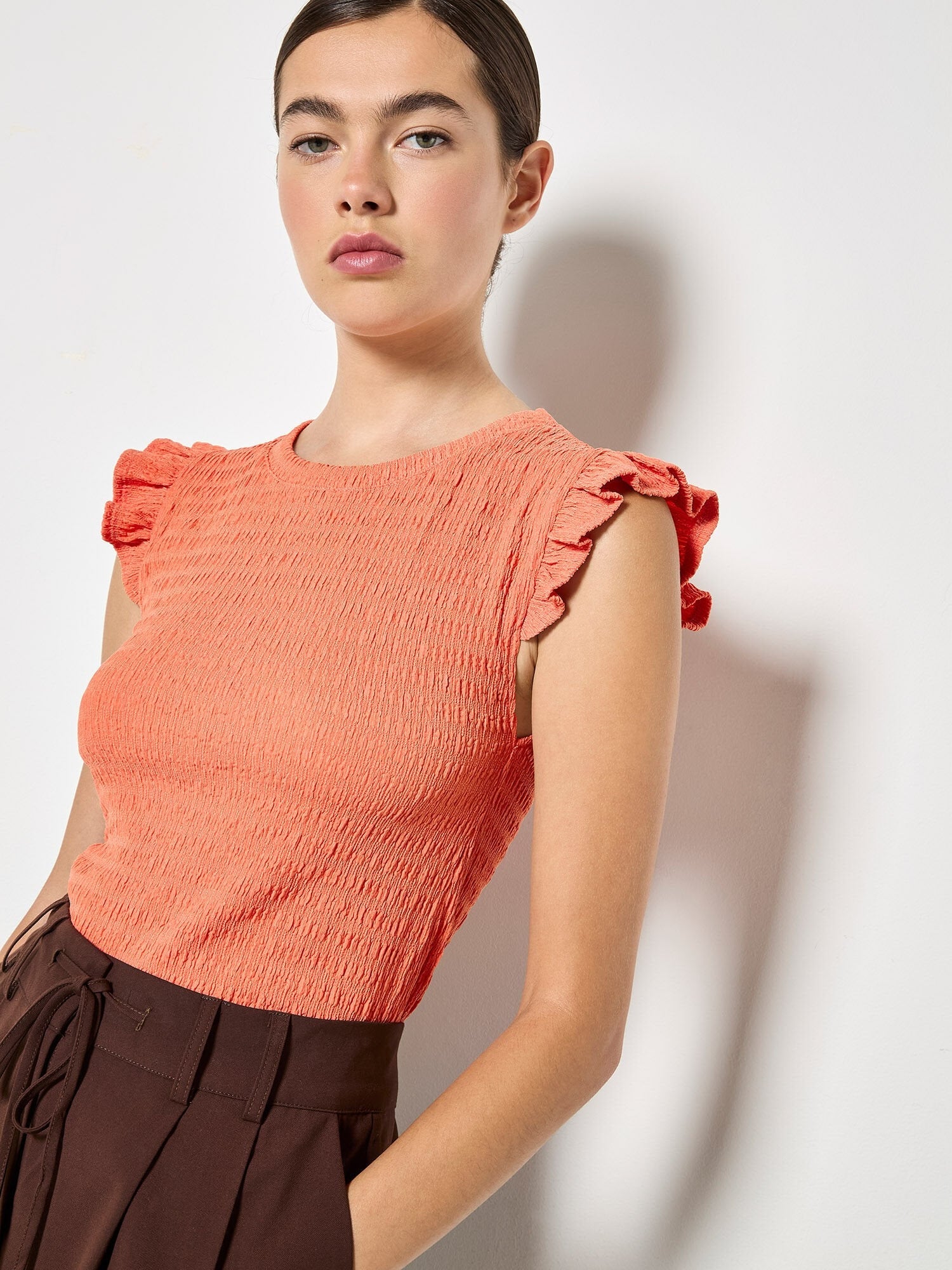 APRICOT - Textured Jersey Ruffle Sleeve T-Shirt - X181582 - Boutique Bubbles