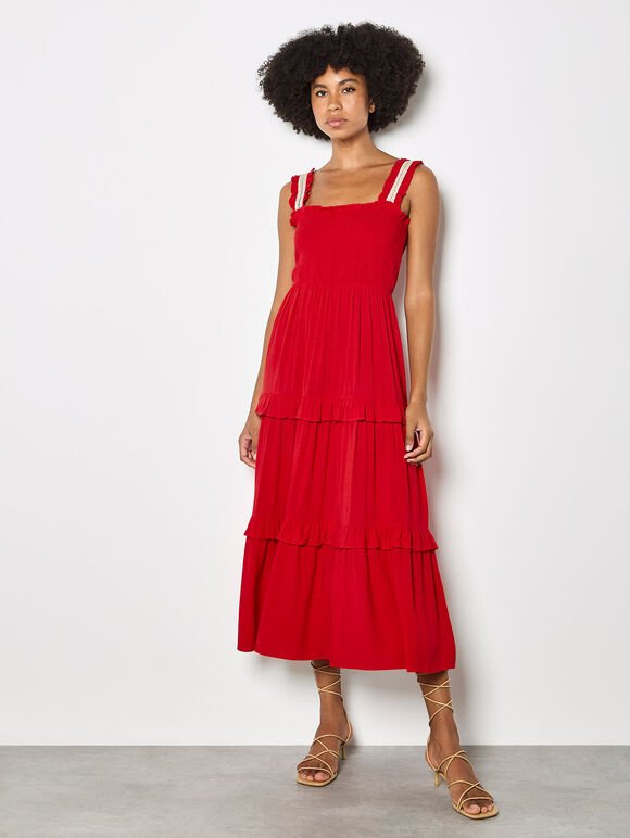 APRICOT - Tiered Lace Trim Midi Dress - X171958 - Boutique Bubbles