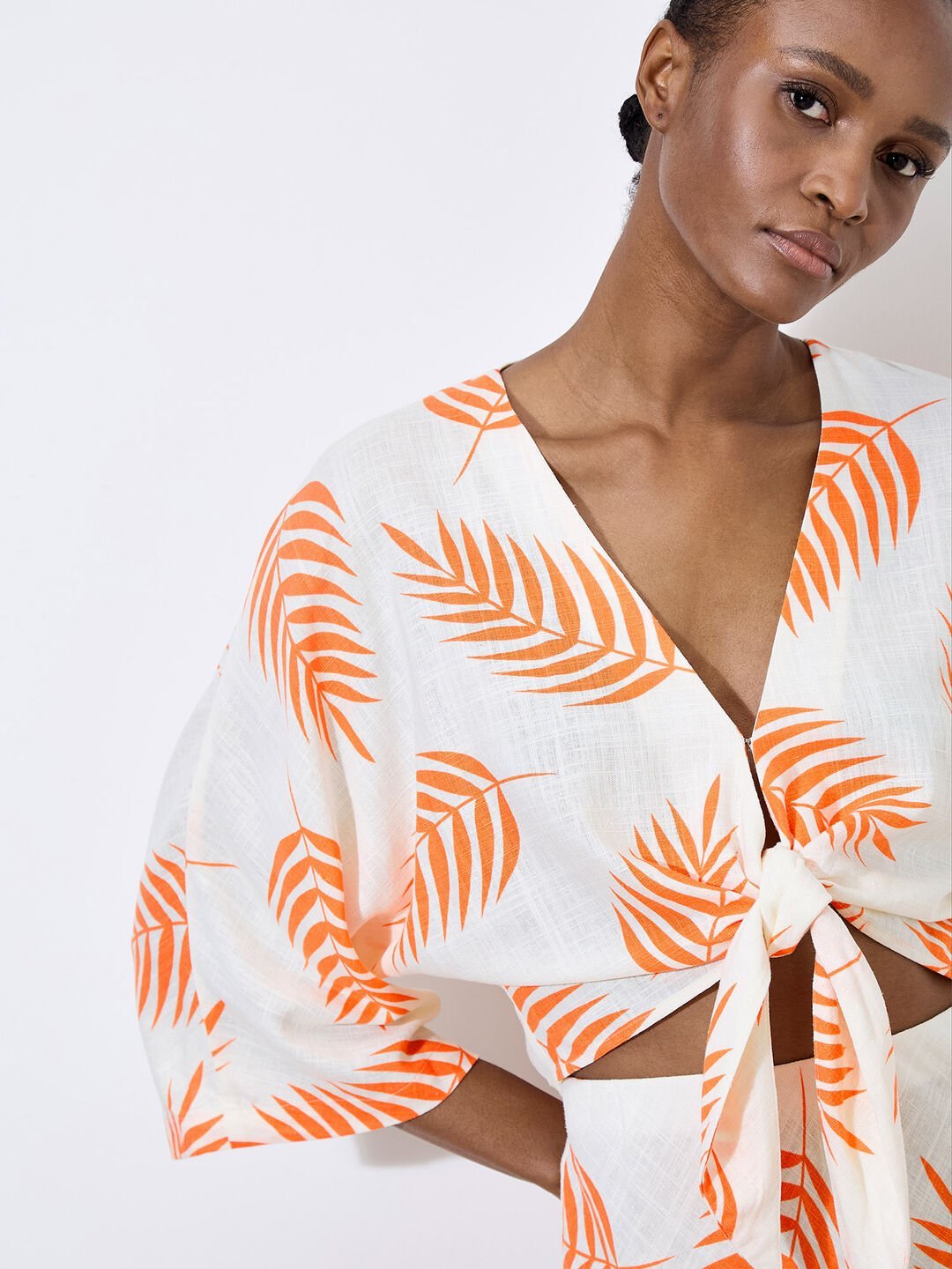 APRICOT - Tropical Leaf Tie Hem Crop Top - 951204 - Boutique Bubbles