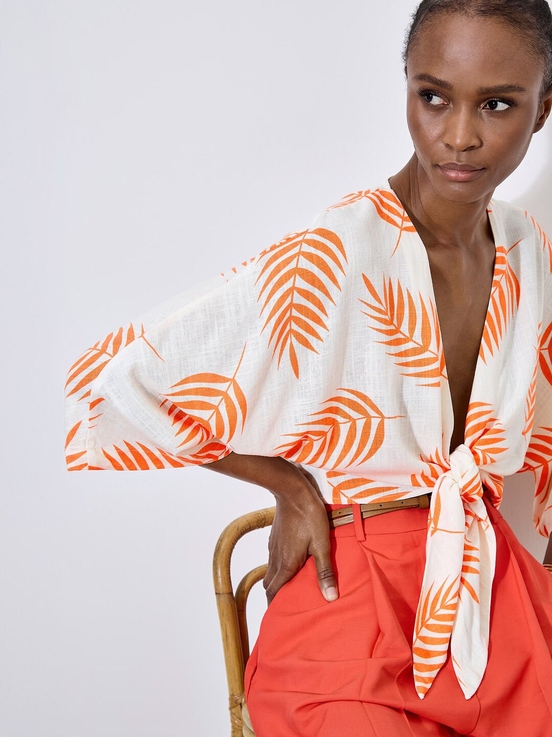 APRICOT - Tropical Leaf Tie Hem Crop Top - 951204 - Boutique Bubbles