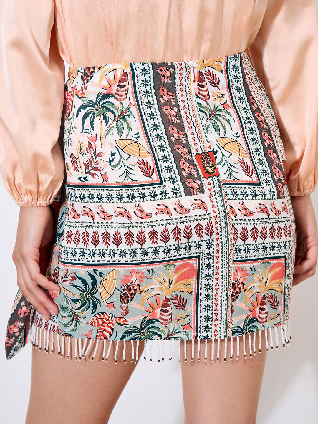 APRICOT - Tropical Print Beaded Wrap Mini Skirt - 942813 - Boutique Bubbles