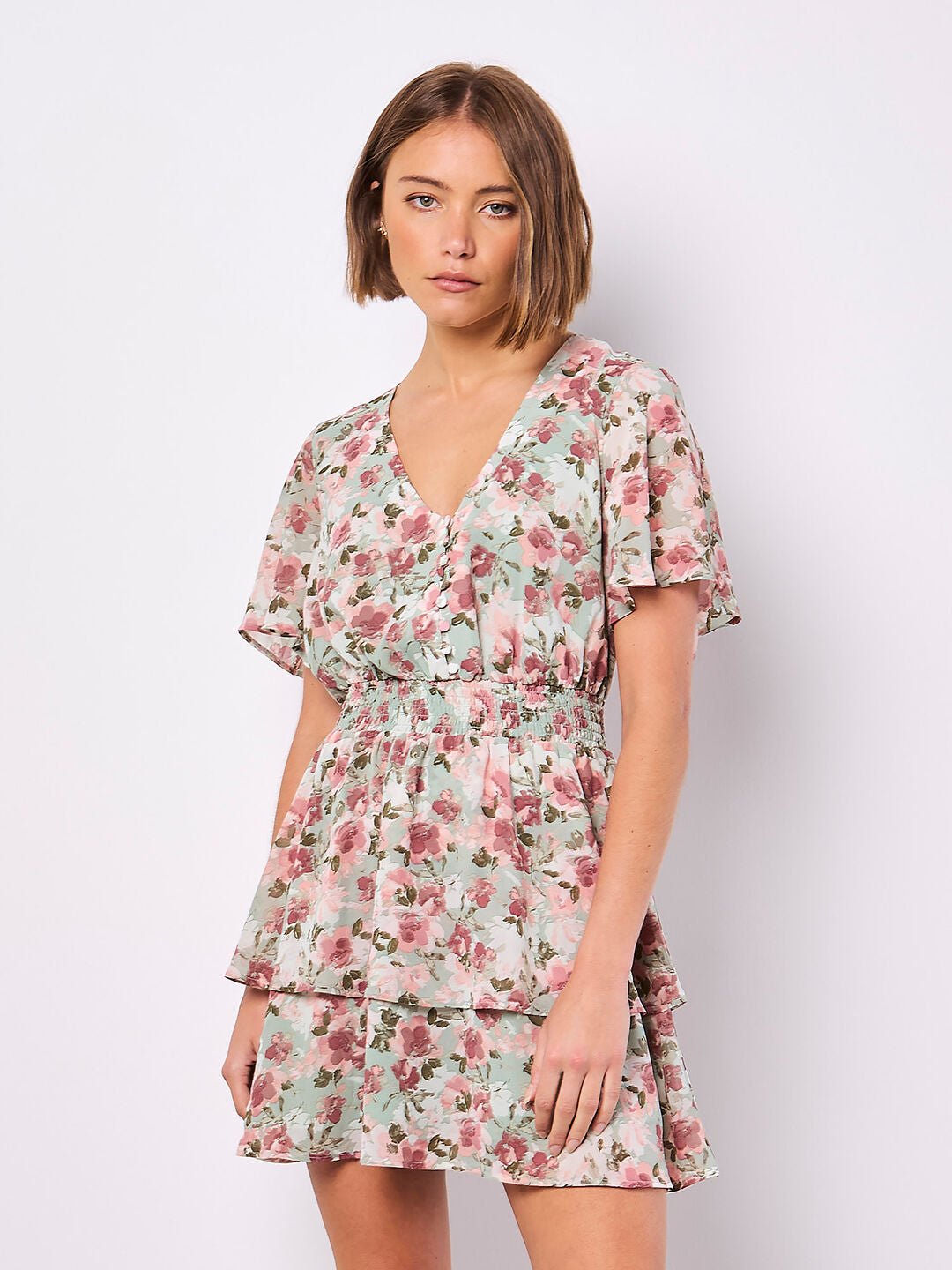 APRICOT - Watercolour Floral Chiffon Mini Dress - 935143 - Boutique Bubbles