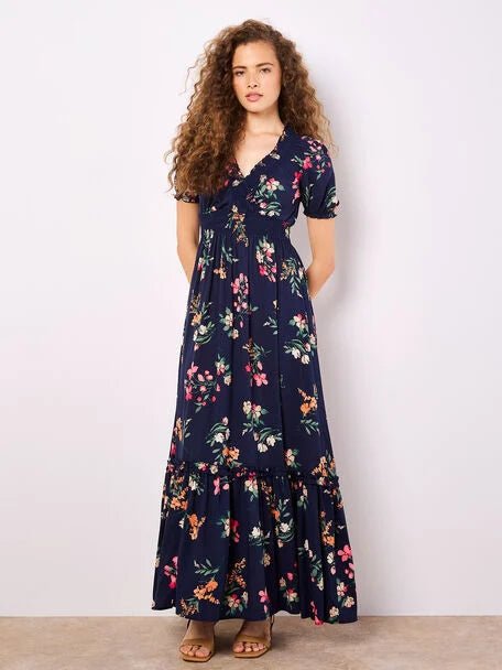 APRICOT - Watercolour Floral Smock Detail Maxidress (958135) - Boutique Bubbles