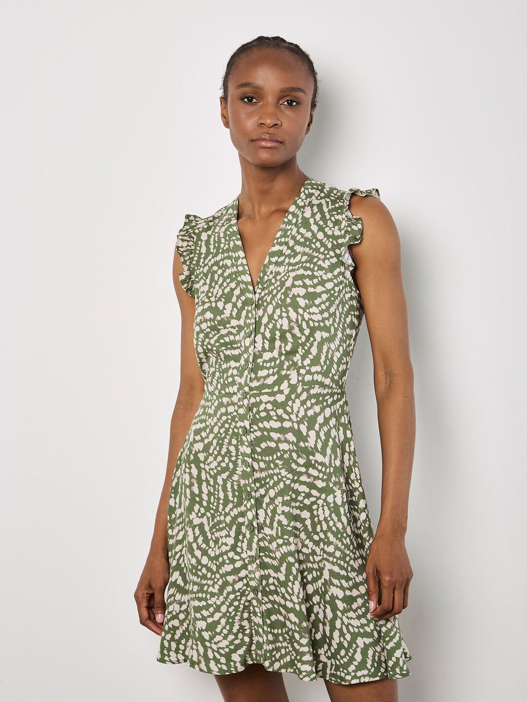 APRICOT - Wavy Spot Button Ruffle Short Sleeve Dress - 940628 - Boutique Bubbles