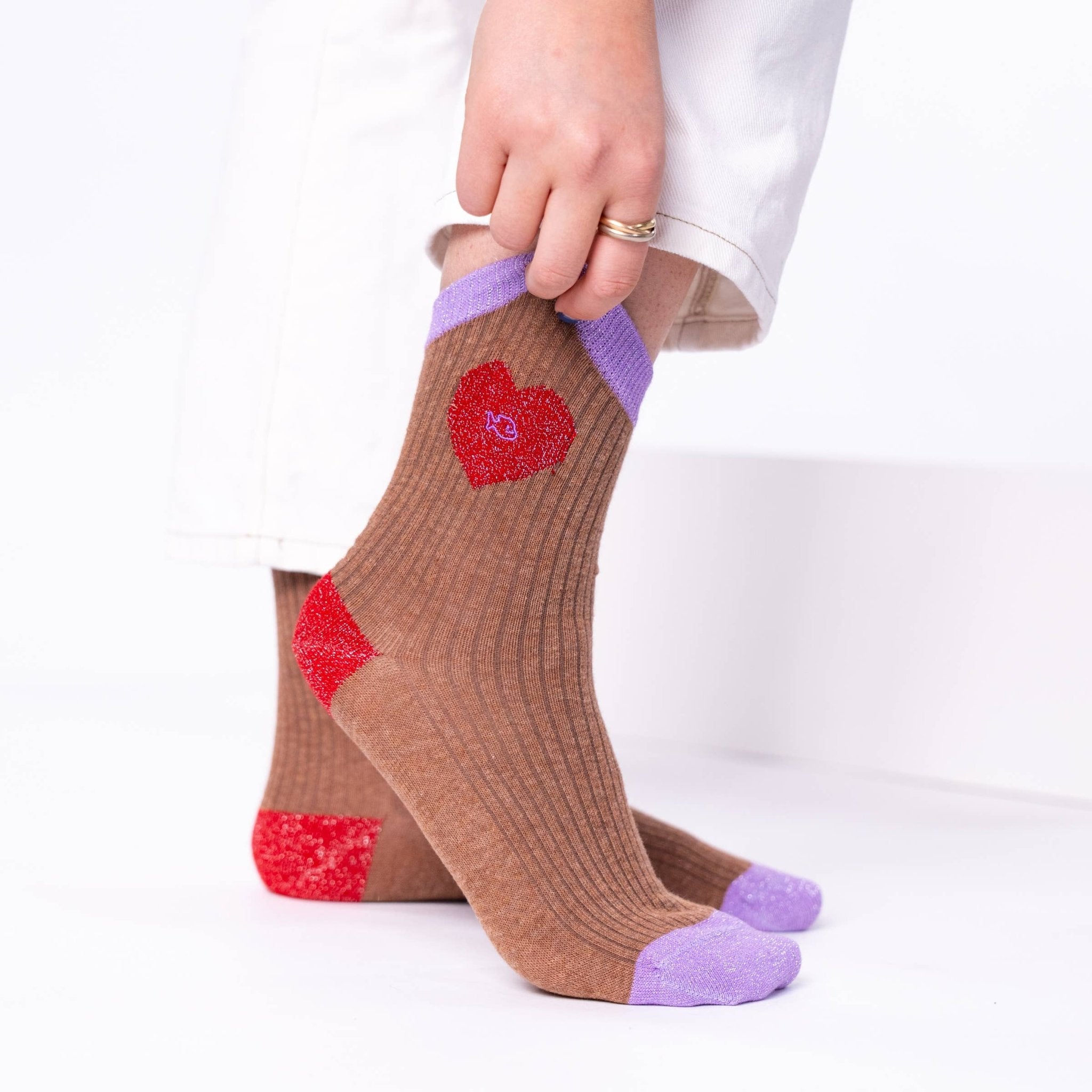 Combed cotton heart socks - Brown and Red - Boutique Bubbles