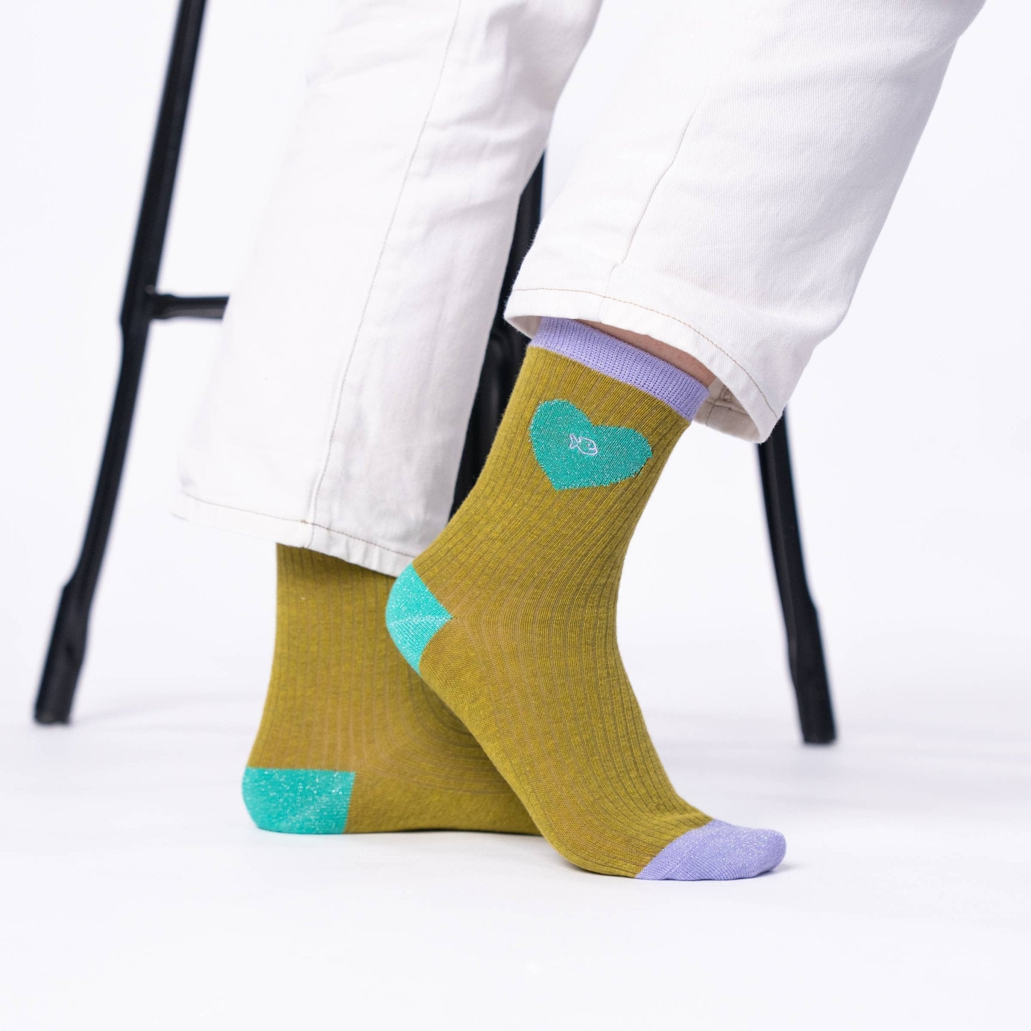 Combed Cotton Socks Heart Olive And Turquoise - Boutique Bubbles
