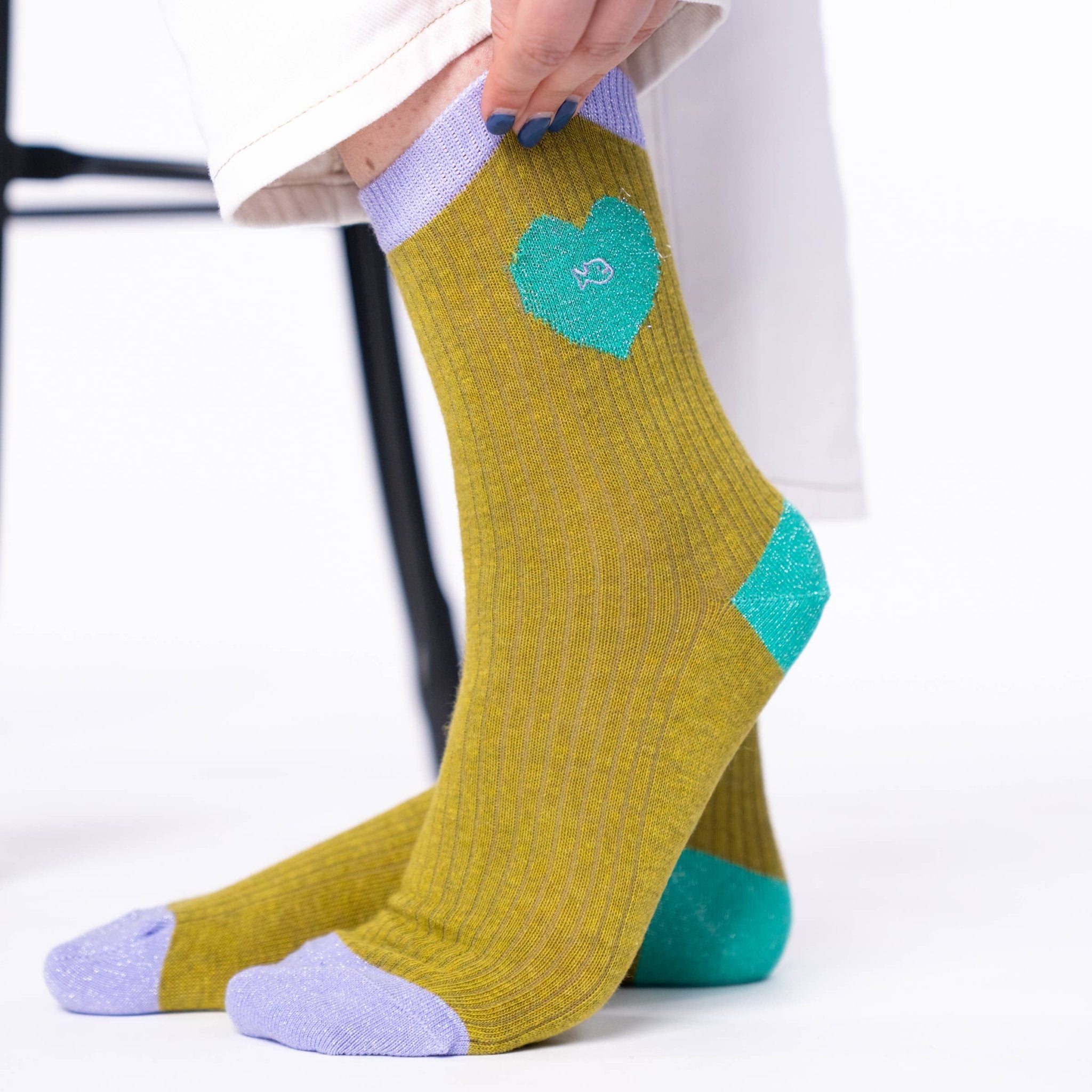 Combed Cotton Socks Heart Olive And Turquoise - Boutique Bubbles