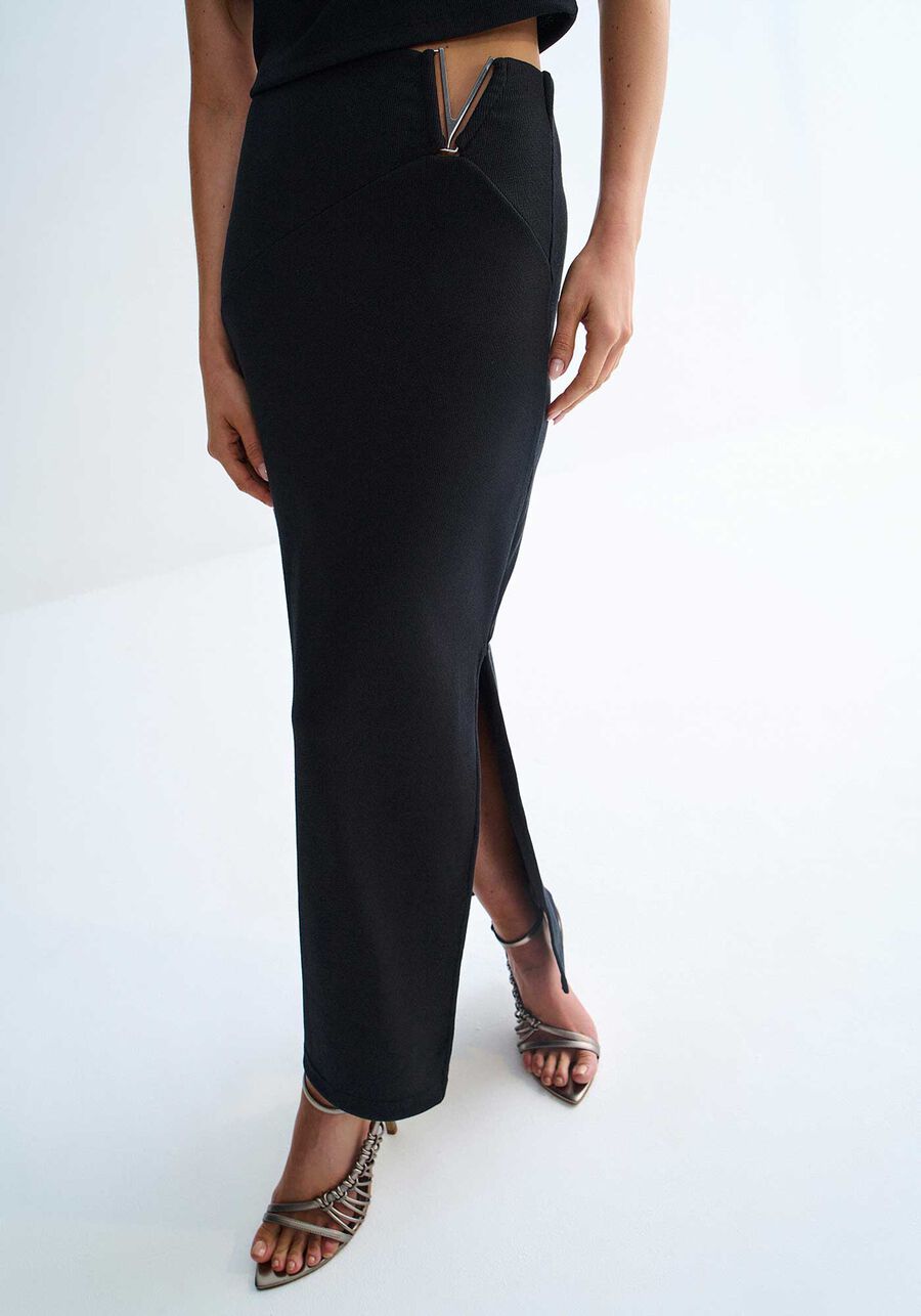 LEZ A LEZ - Ribbed Midi Skirt with Cut - Out and Metallic Trim at Waist - 3212E - Boutique Bubbles