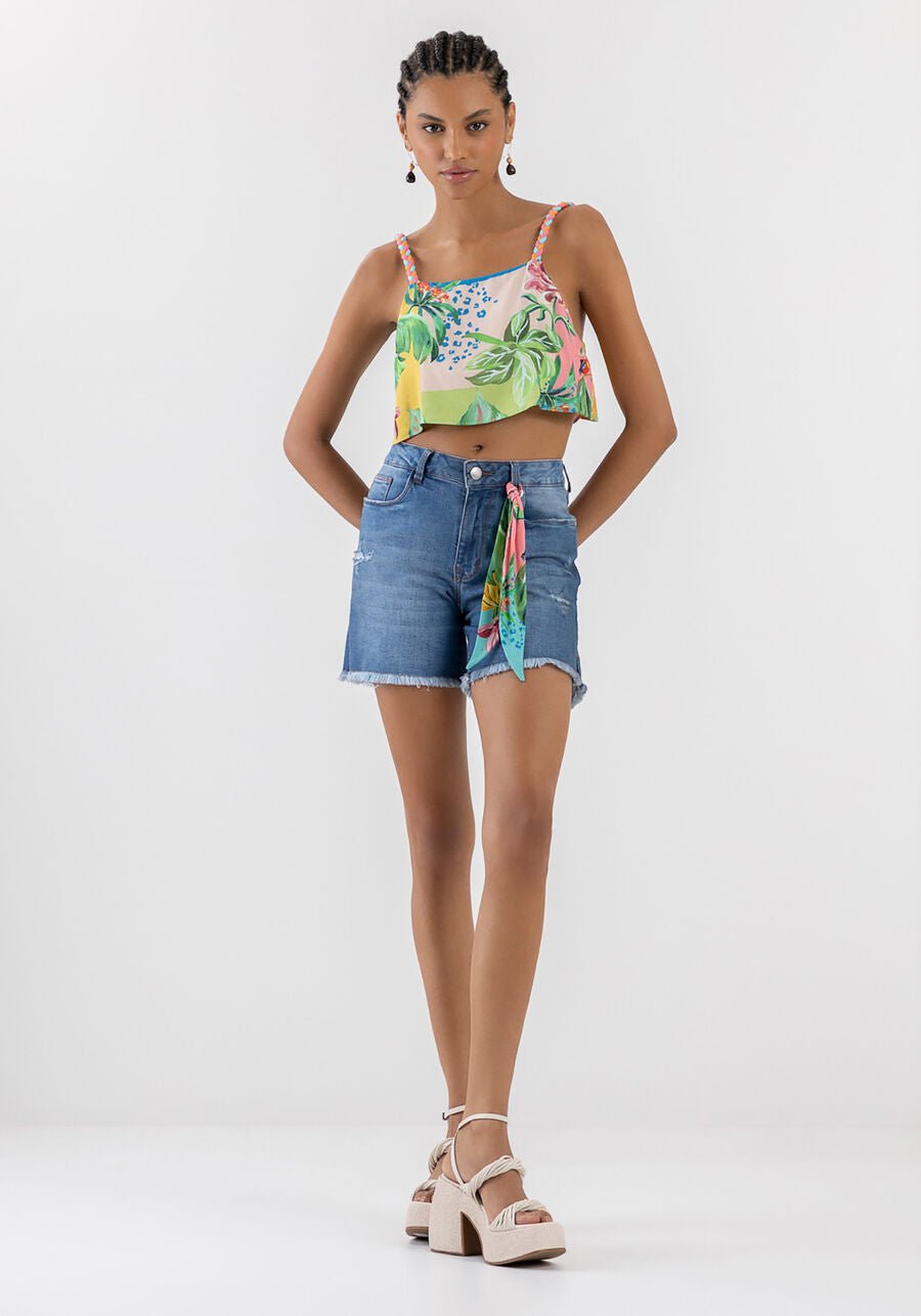 LEZ A LEZ - Skinny Denim Shorts With Printed Scarf - 7194L - Boutique Bubbles