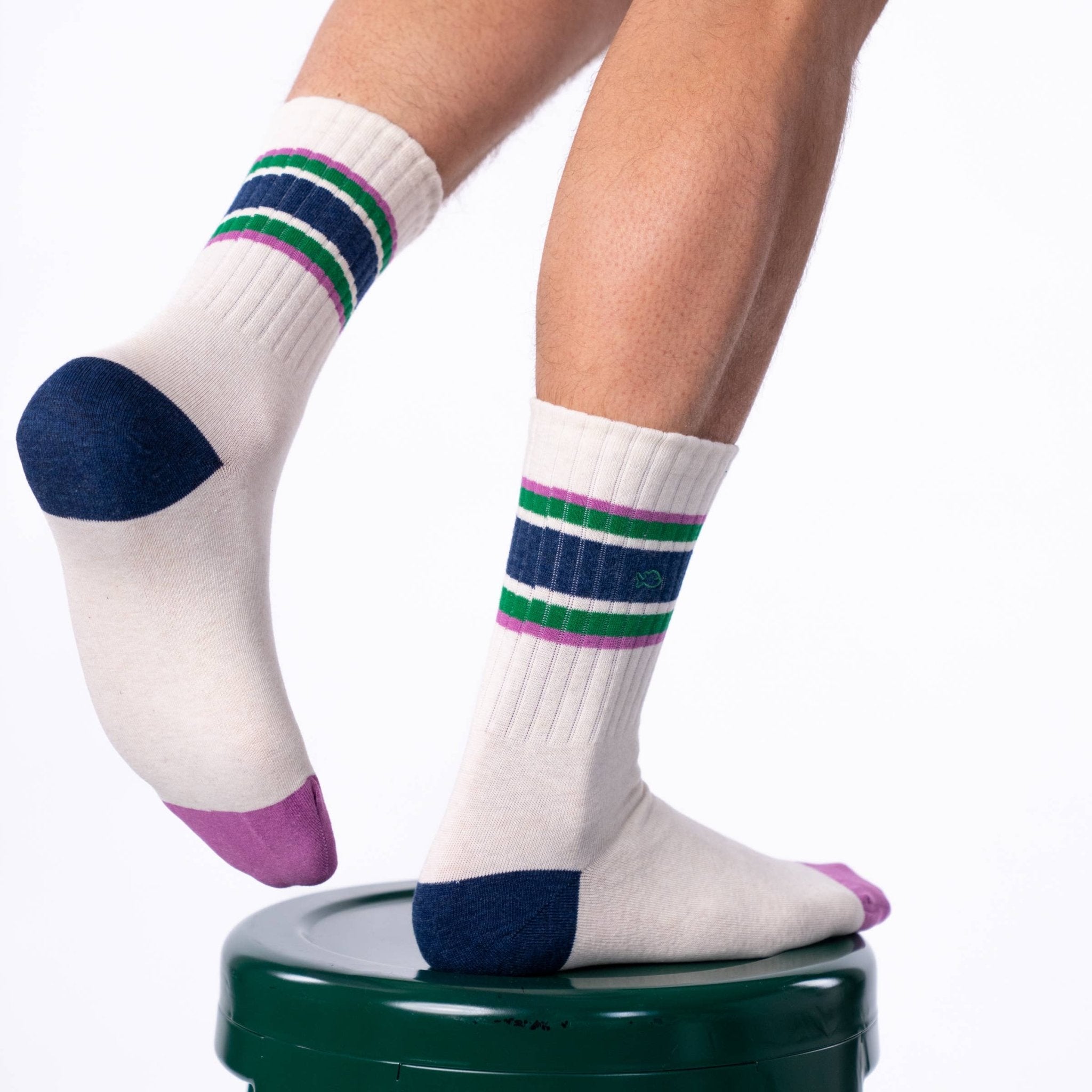 Retro combed cotton socks - Beige, navy and green - Boutique Bubbles
