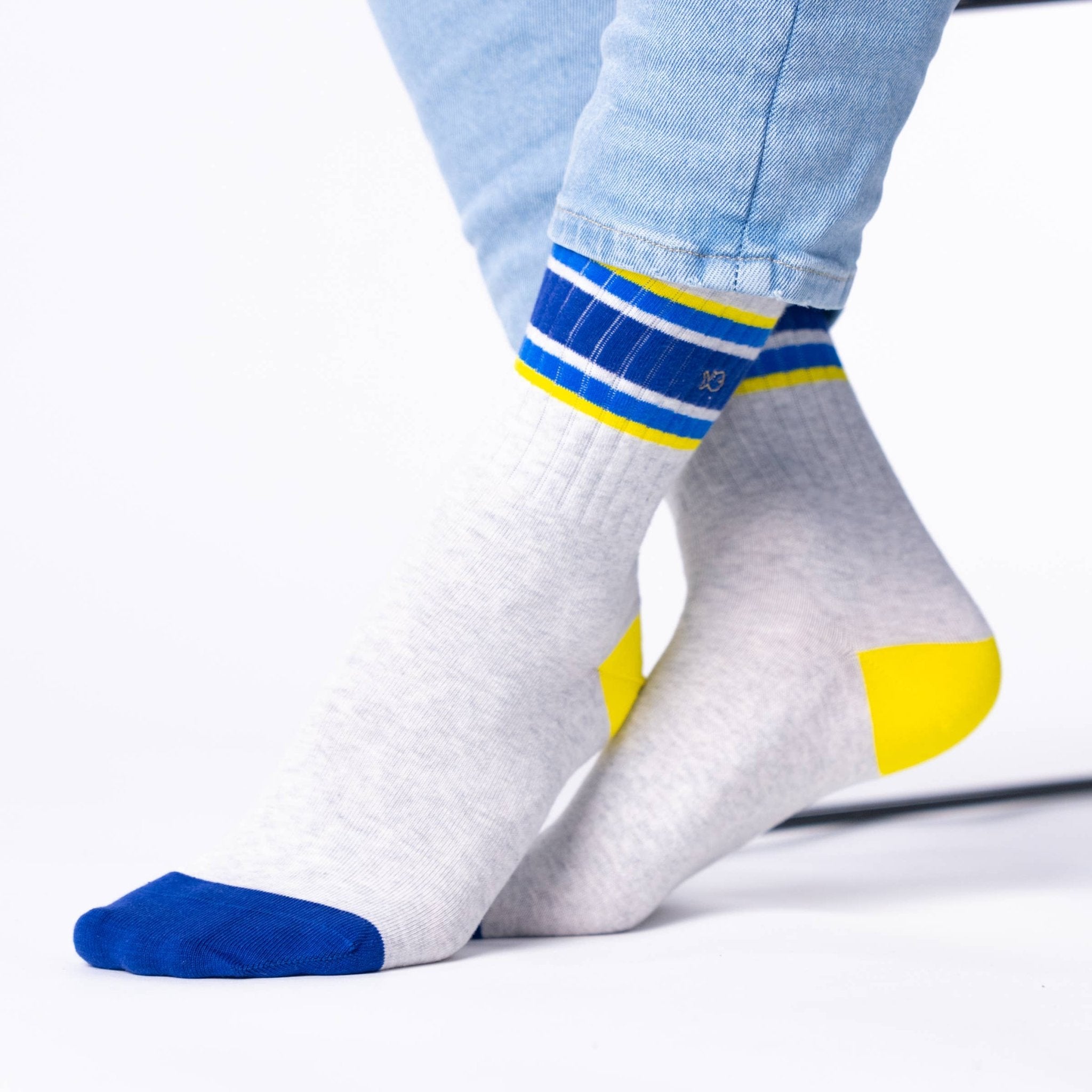 Retro combed cotton socks - Grey, blue and yellow - Boutique Bubbles