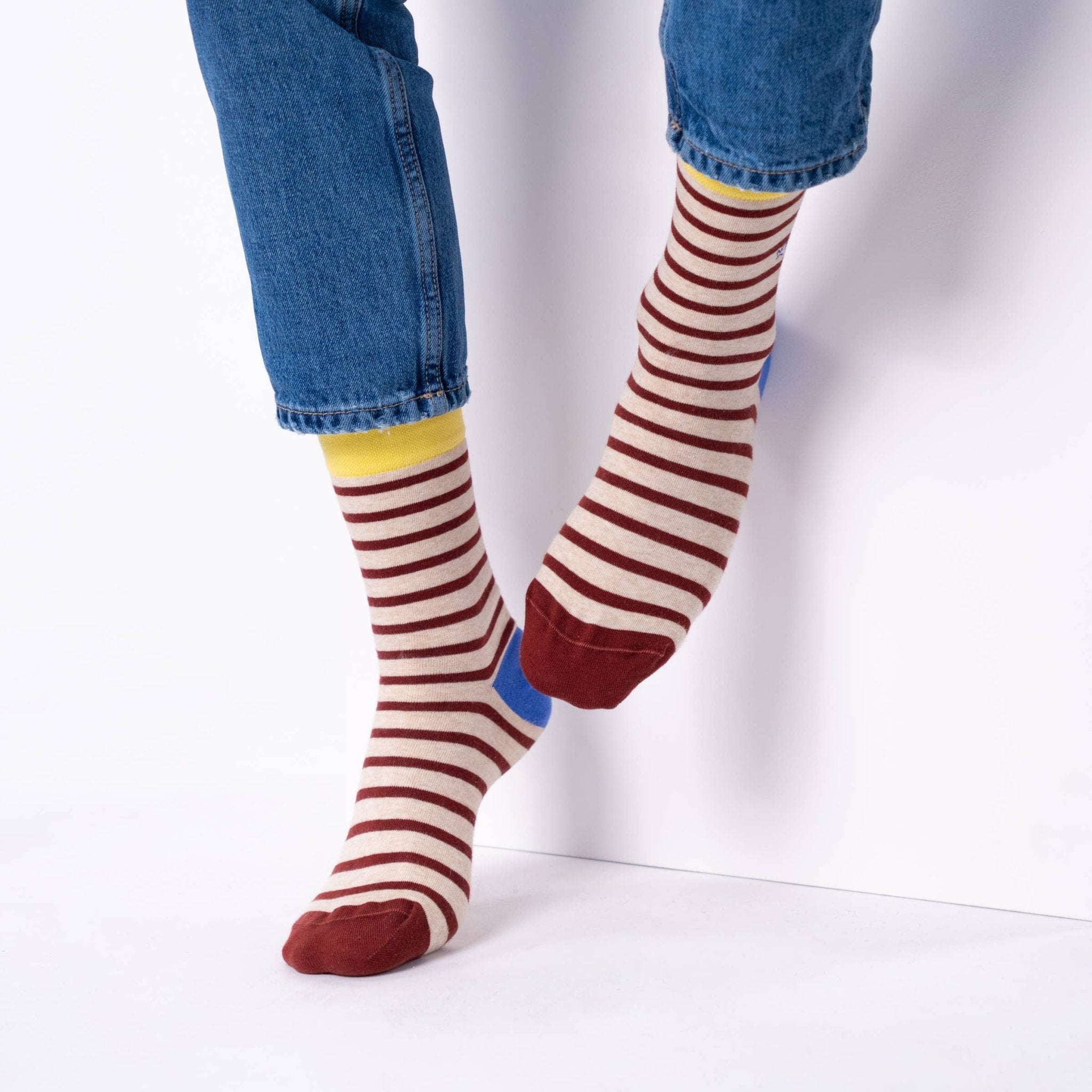 Striped combed cotton socks - Beige and burgundy - Boutique Bubbles
