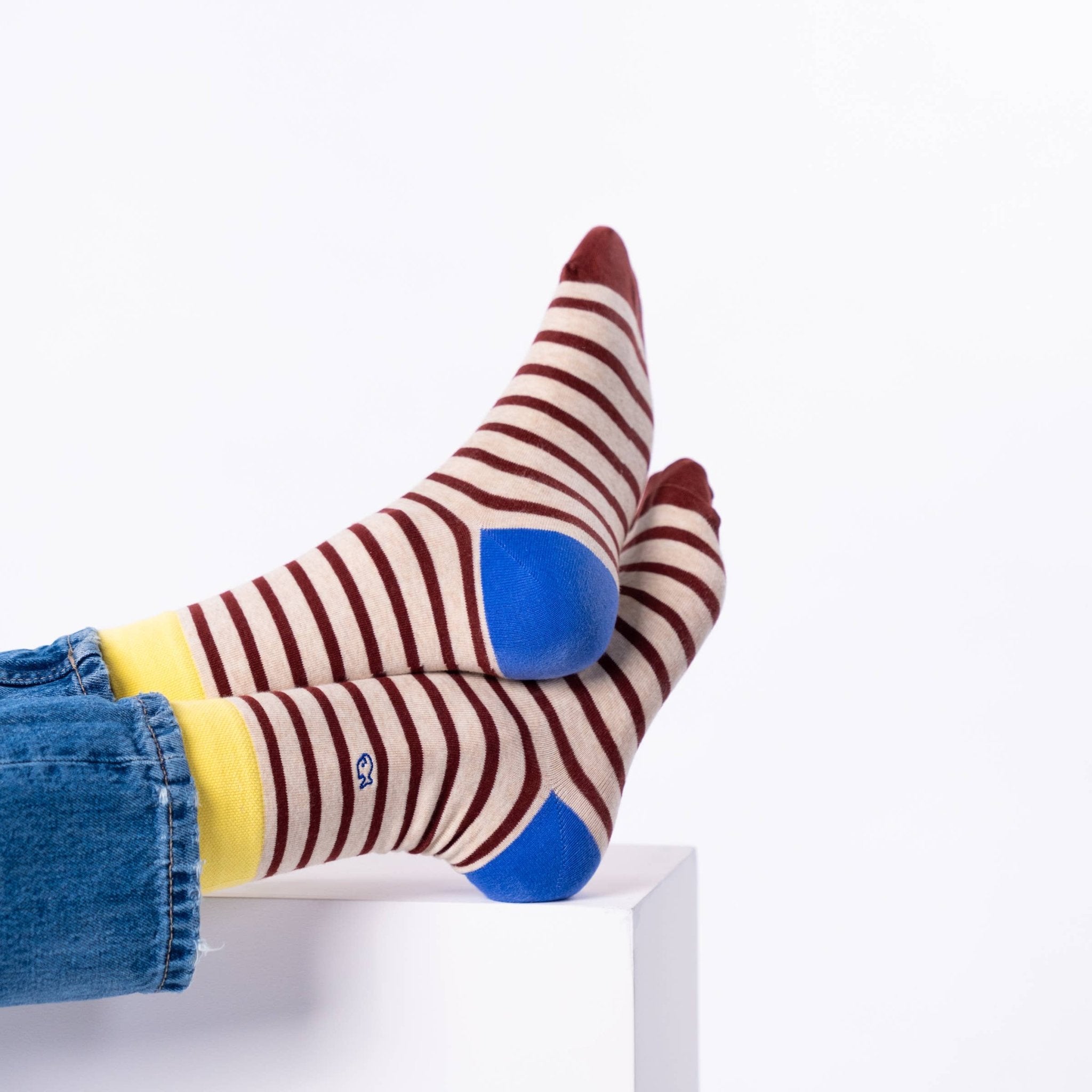 Striped combed cotton socks - Beige and burgundy - Boutique Bubbles