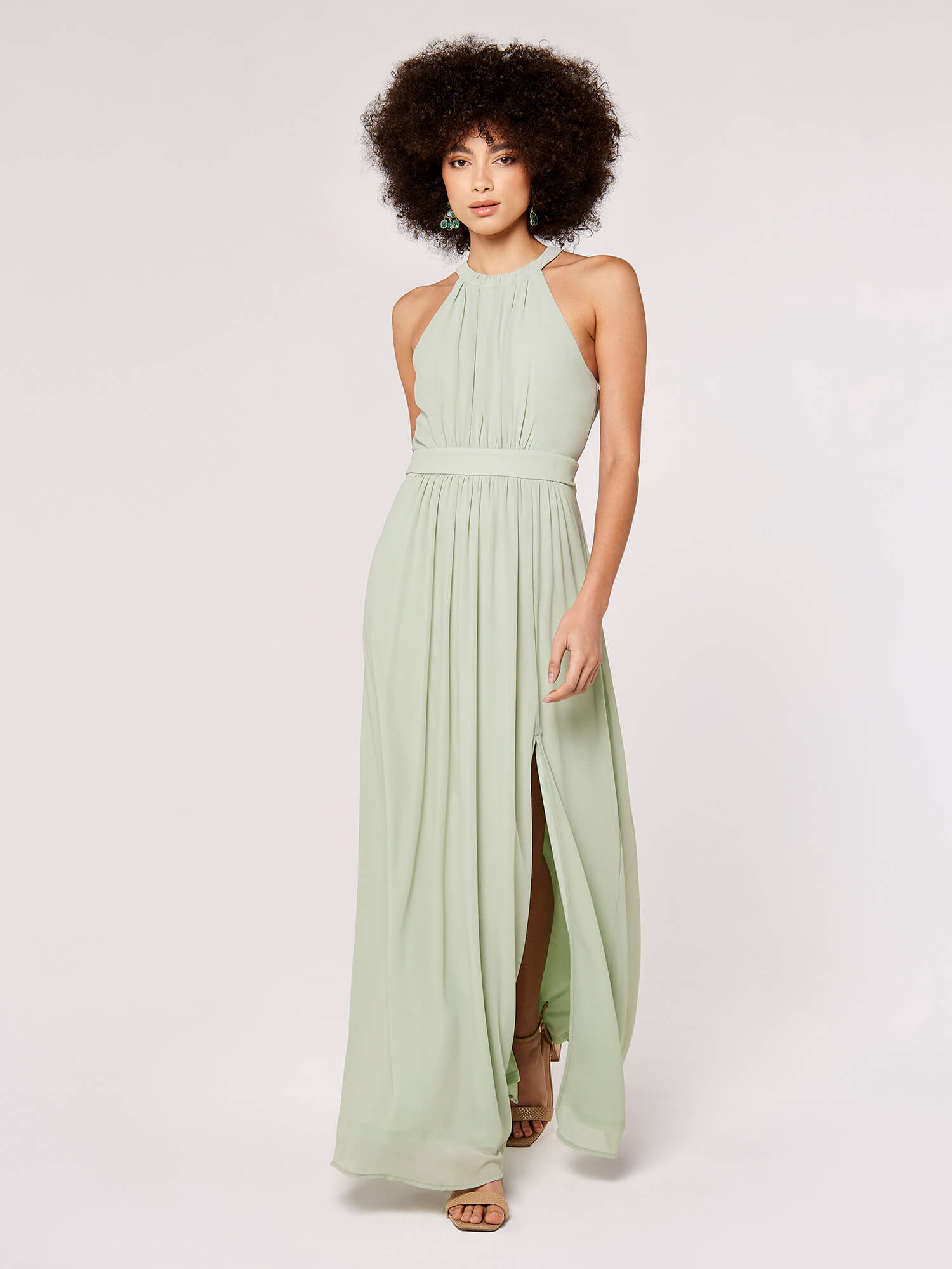 APRICOT - Halter Pleat Chiffon Split Maxi Dress