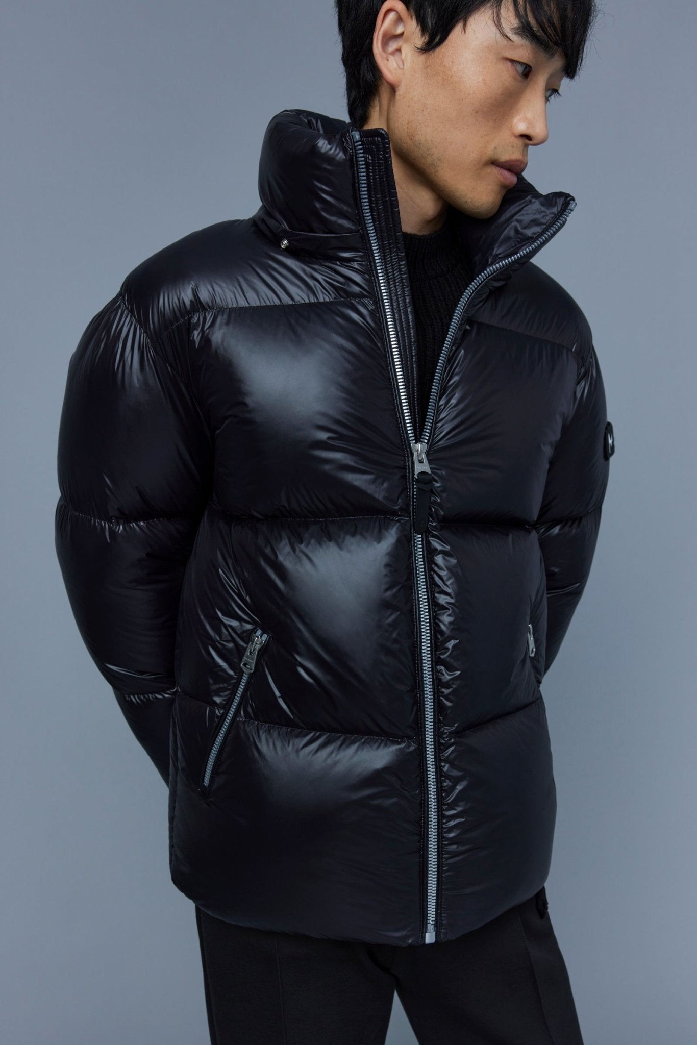 MACKAGE KENT-SH lustrous light down jacket with shearling - Boutique Bubbles