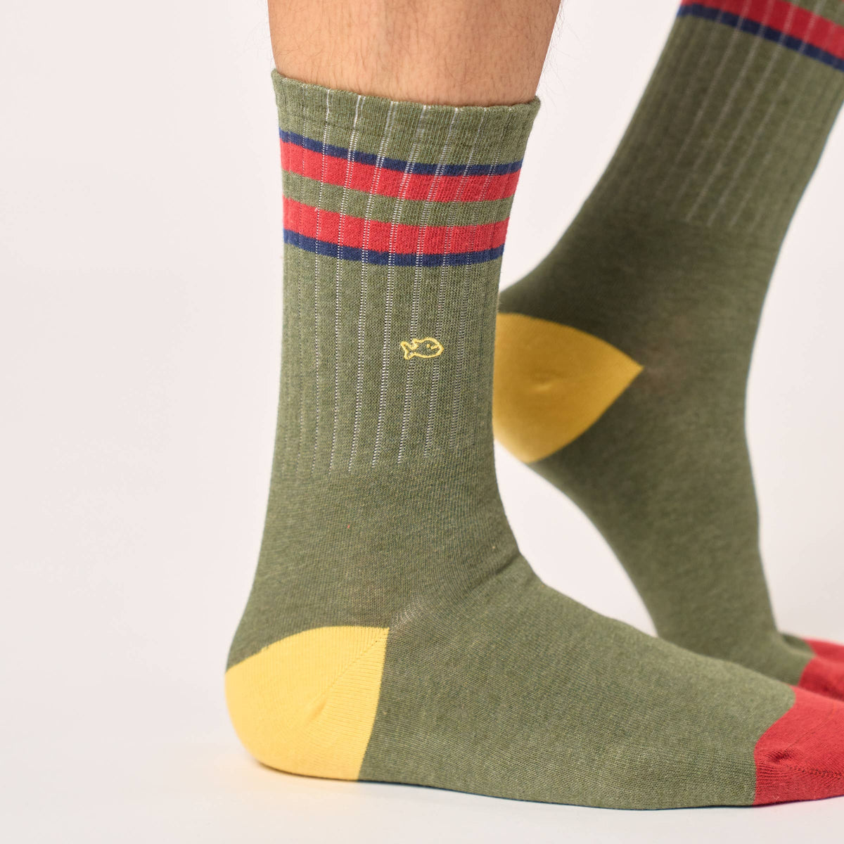 Retro combed cotton socks - Khaki, Red and Blue Striped