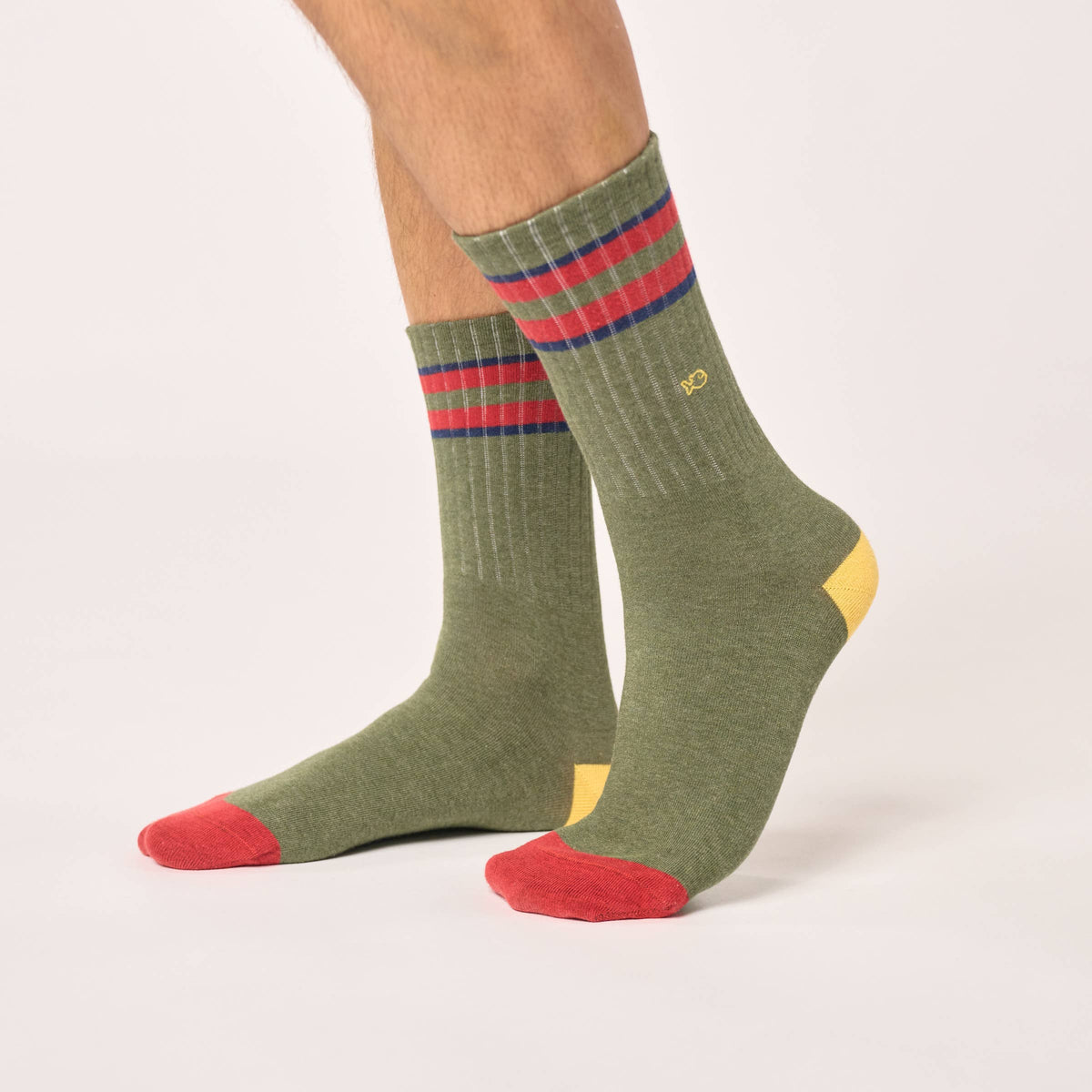 Retro combed cotton socks - Khaki, Red and Blue Striped