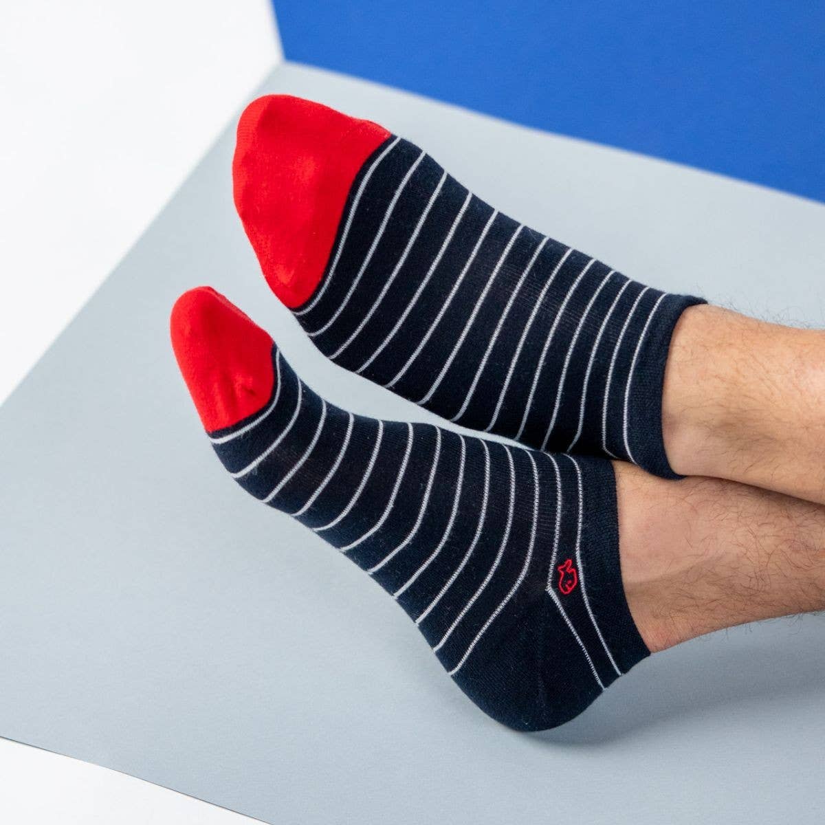 Chaussettes Cheville En Coton Peigné Rayées - Marine Et Blanc