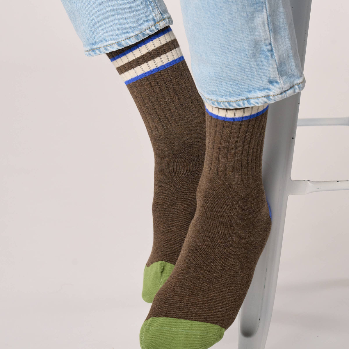Retro combed cotton socks - Brown, ivory striped