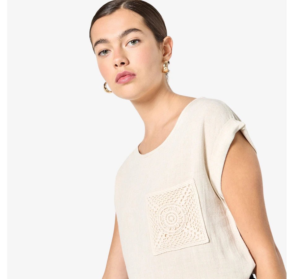 APRICOT - Crochet Pocket Turn Up T-Shirt - X190157 - Boutique Bubbles