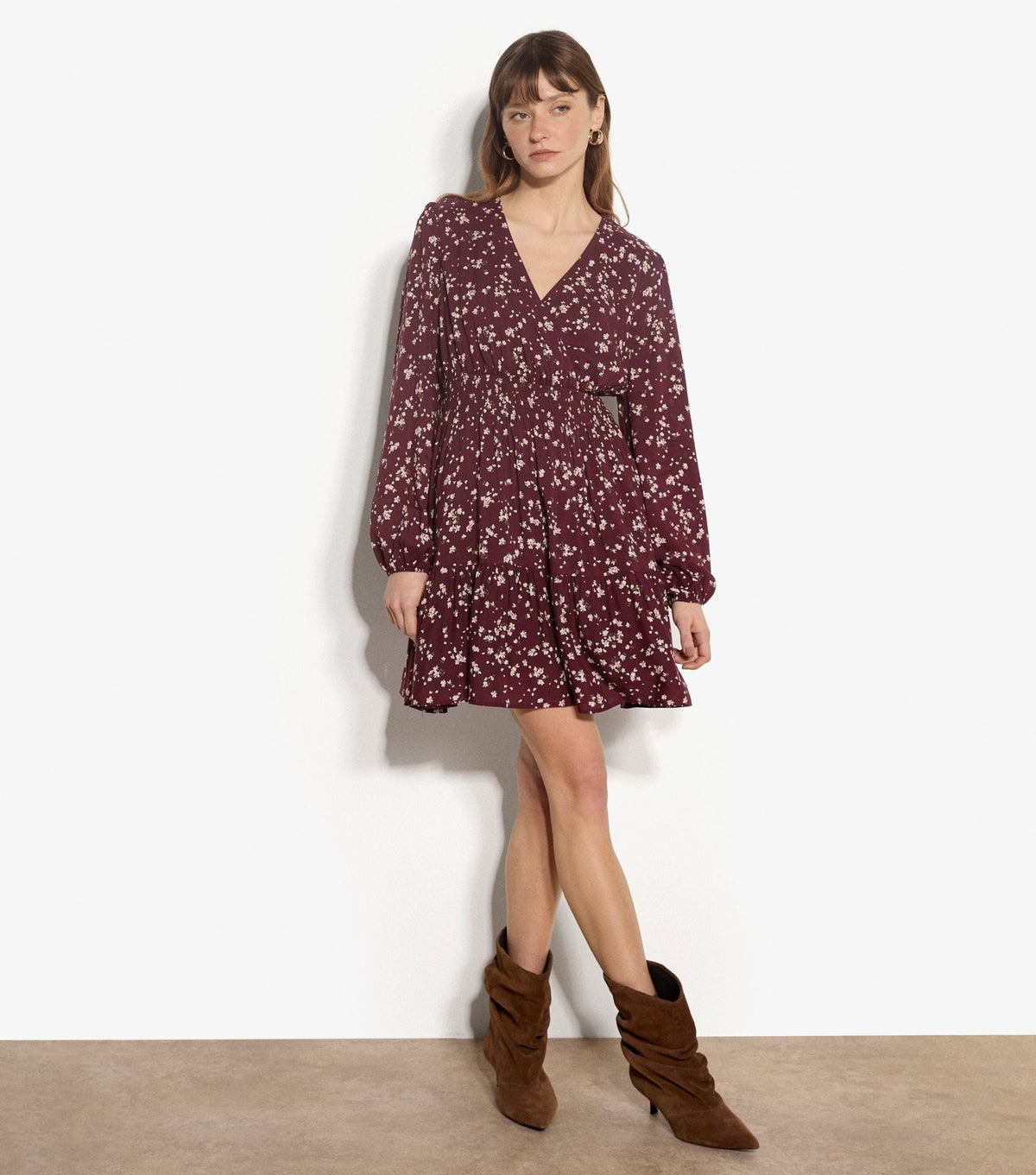 APRICOT - Daisy Spray Wrap Tiered Dress - X229369 - Boutique Bubbles
