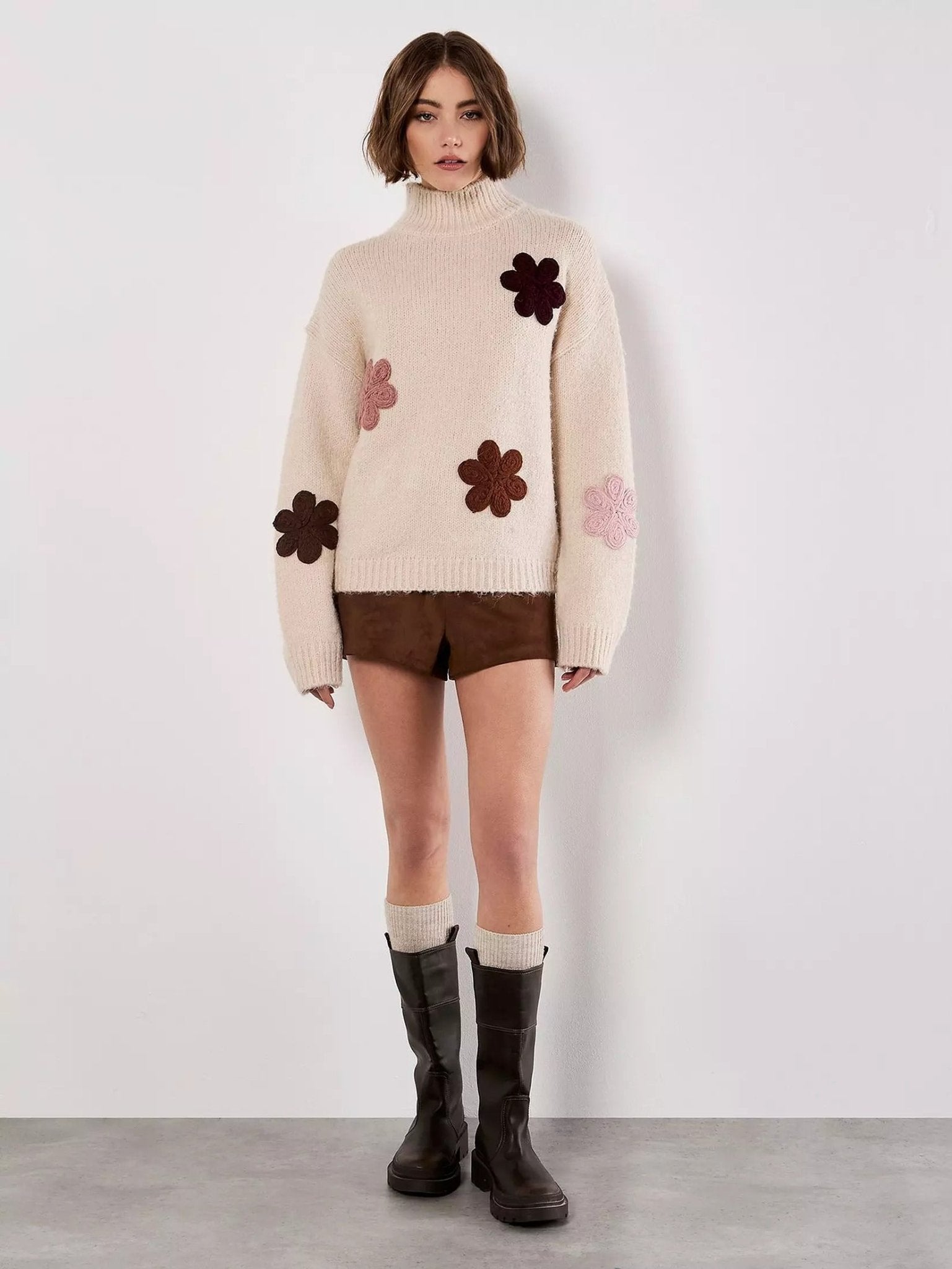 APRICOT - Embroidered Flower Mock Neck Jumper - X132676 - Boutique Bubbles