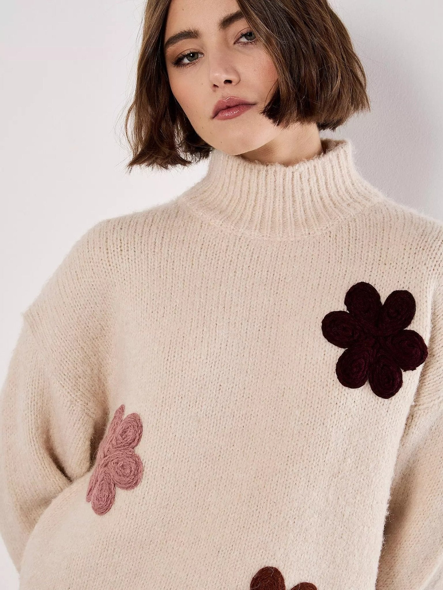 APRICOT - Embroidered Flower Mock Neck Jumper - X132676 - Boutique Bubbles