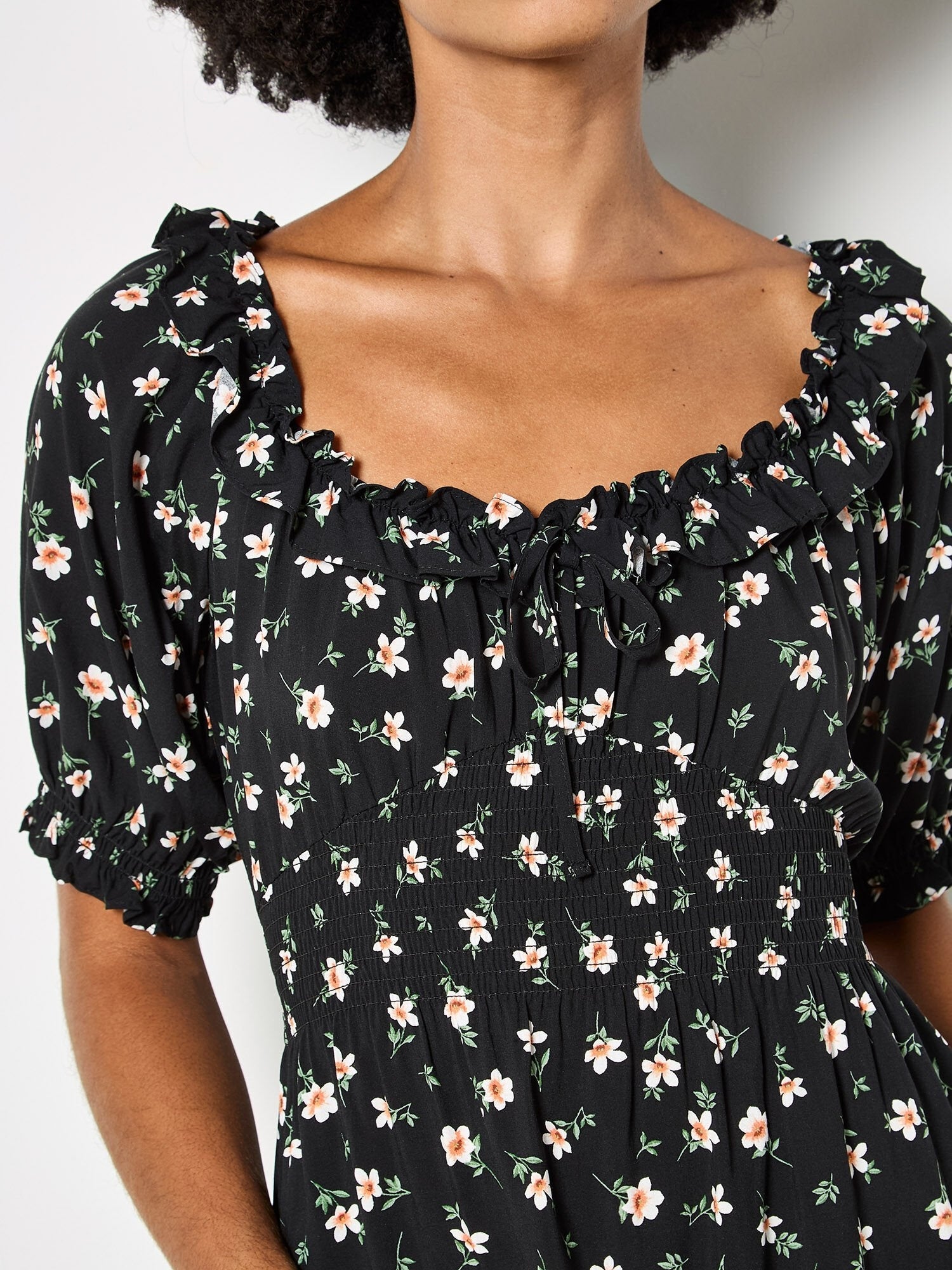APRICOT - Floral Ruffle Milkmaid Mini Dress - X168156 - Boutique Bubbles