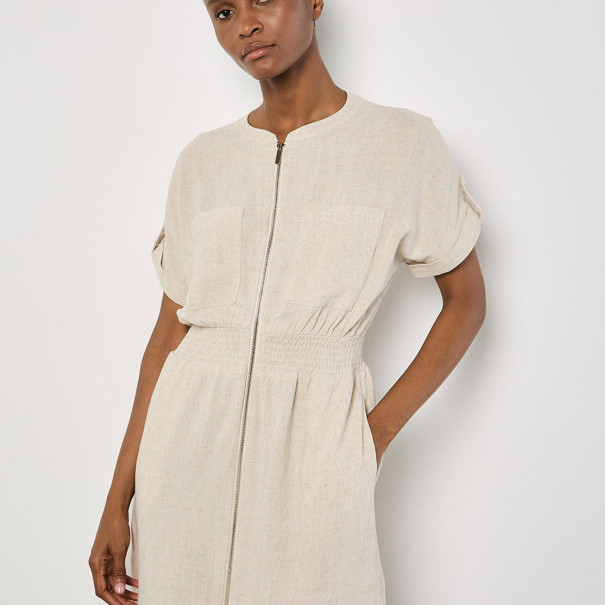 APRICOT - Linen Mix Zip Thru Elasticated Waist Dress