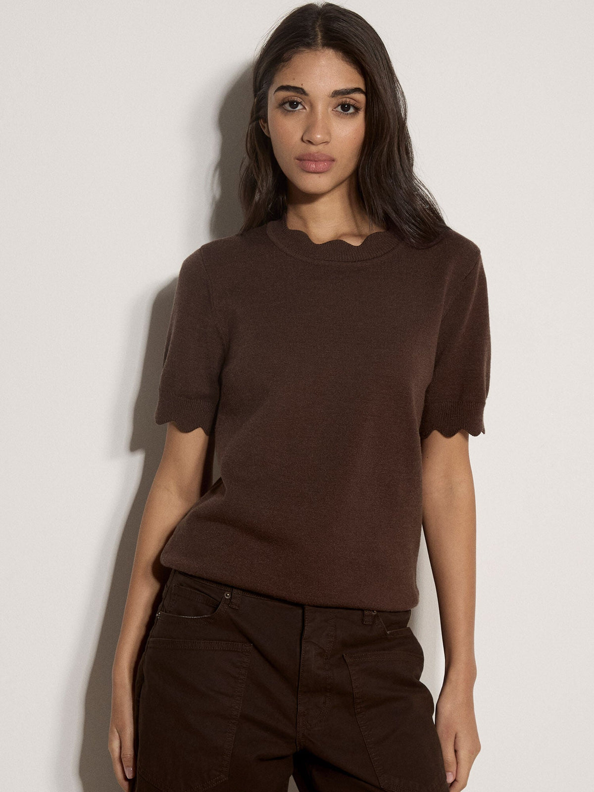 APRICOT - Scallop Neck & Sleeve Knit Tee - X246458 - Boutique Bubbles