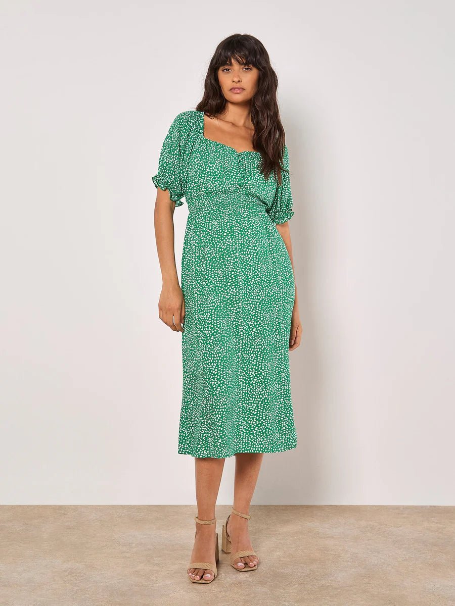 APRICOT - Spot Print Milkmaid Midi Dress - 950214 - Boutique Bubbles